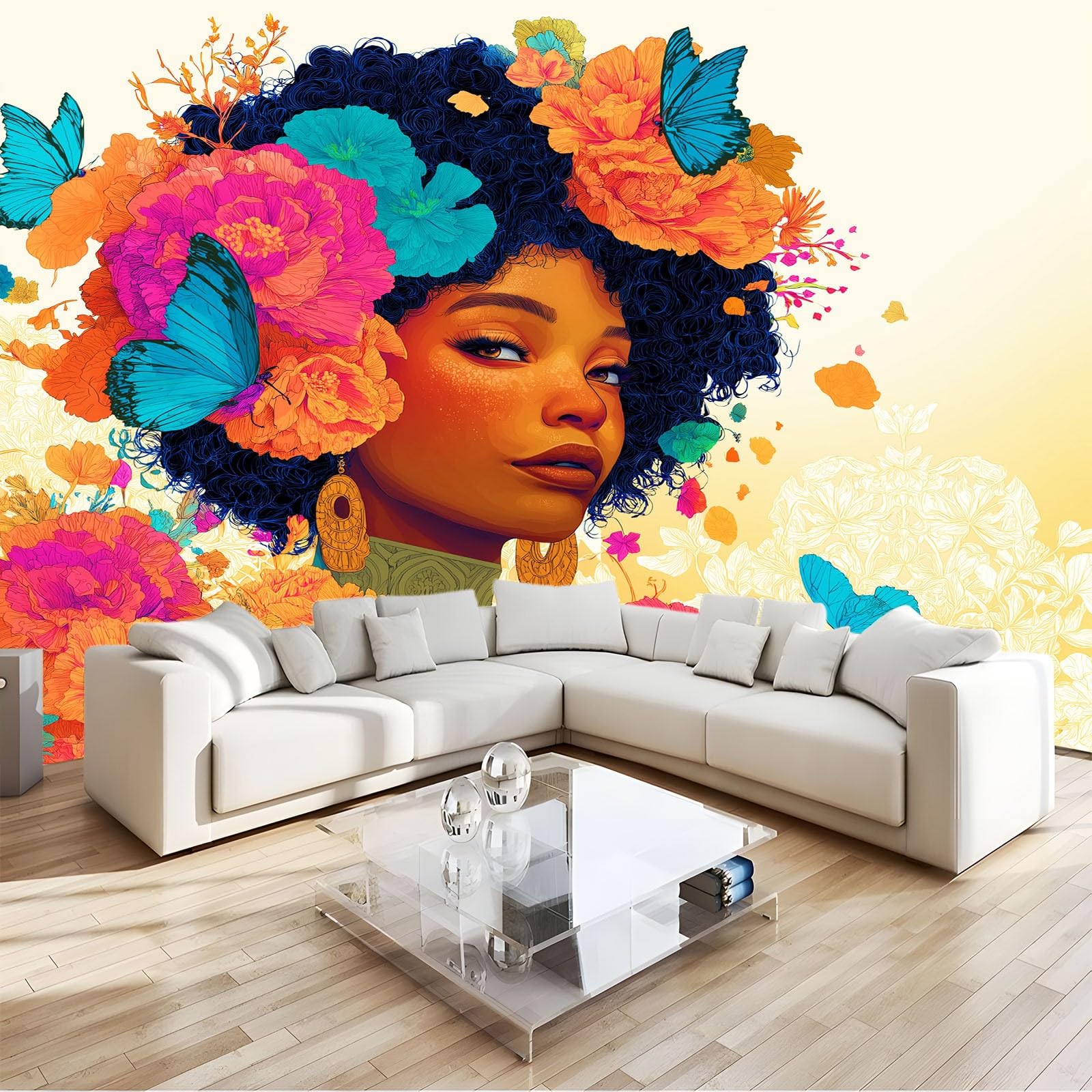 Tradycyjna tapeta z kwiatami motyl sztuka 400 x 280 cm beżowa panoramiczna fototapeta, dekoracje ścienne do sypialni, salonu, pokoju dziecięcego, biura i tła telewizyjnego