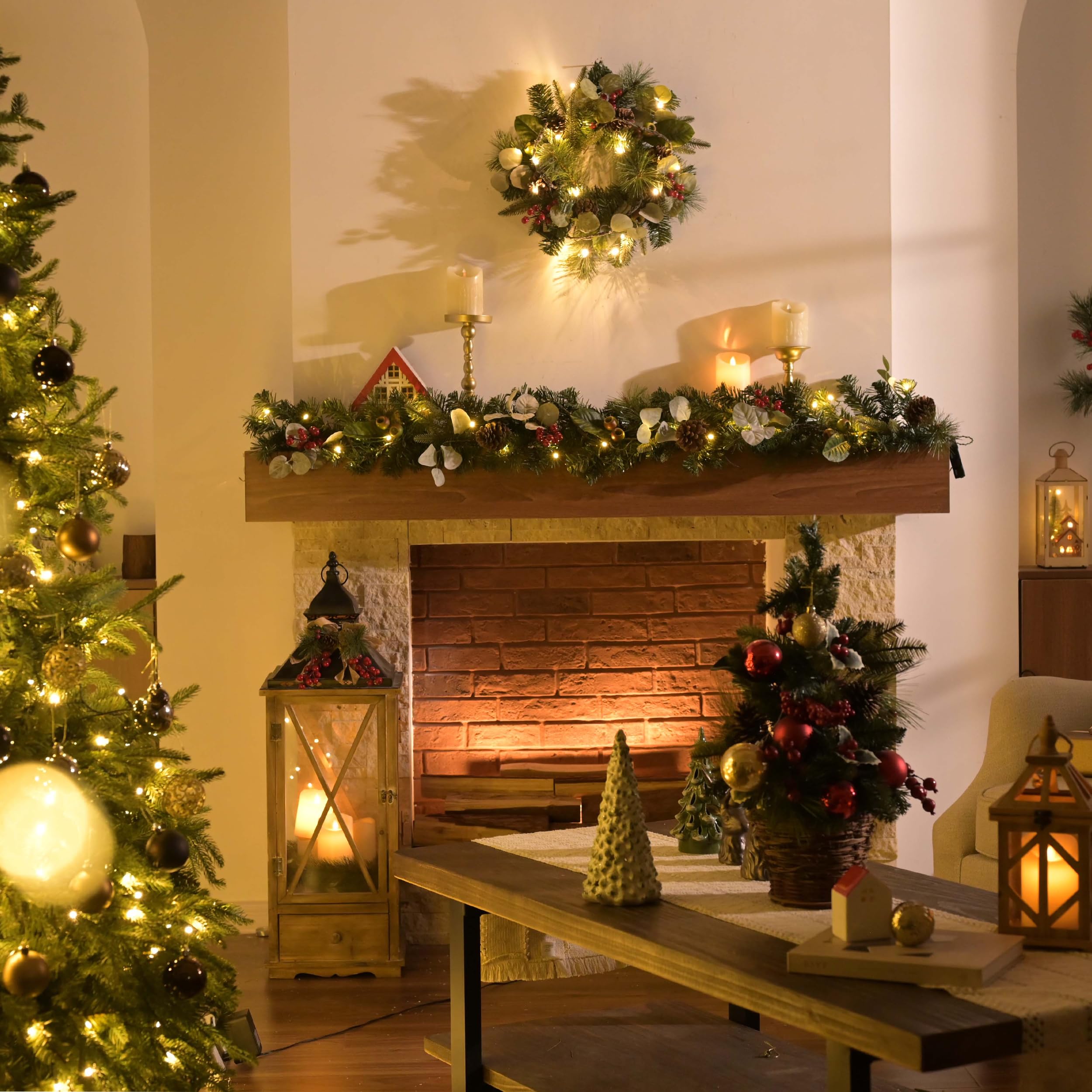 Valery Madelyn EG0202-0113 Guirlande de Noël en plastique avec 20 LED éclairées à piles - Décoration de Noël avec fonction minuterie - Guirlande d'étoiles en bois pour l'extérieur - Vert et rouge