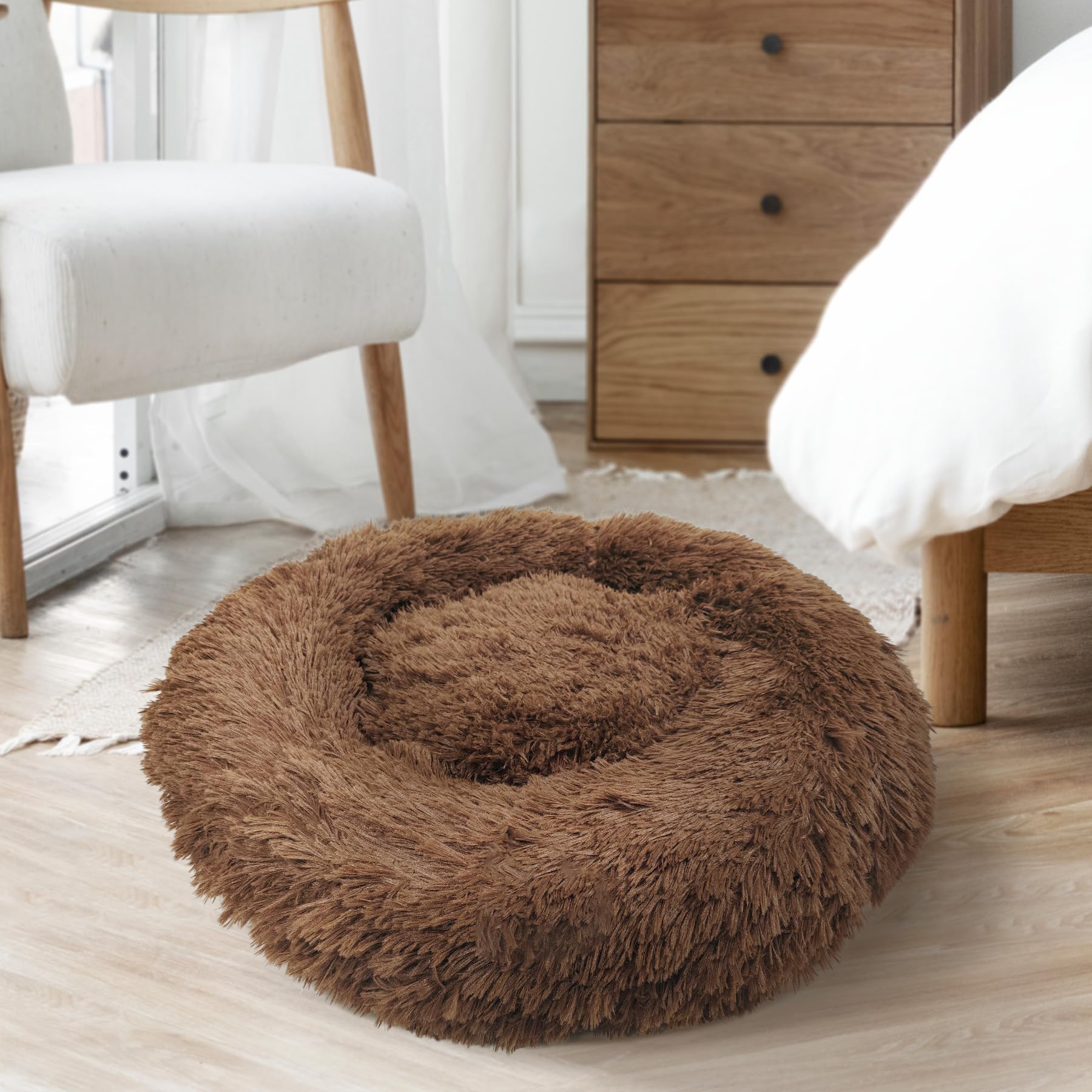 Cama calmante de lujo para perros y gatos pequeños y medianos, cama redonda de piel sintética acogedora, cálida, suave, esponjosa, de piel sintética, tamaños de 24 pulgadas, cama para cachorros