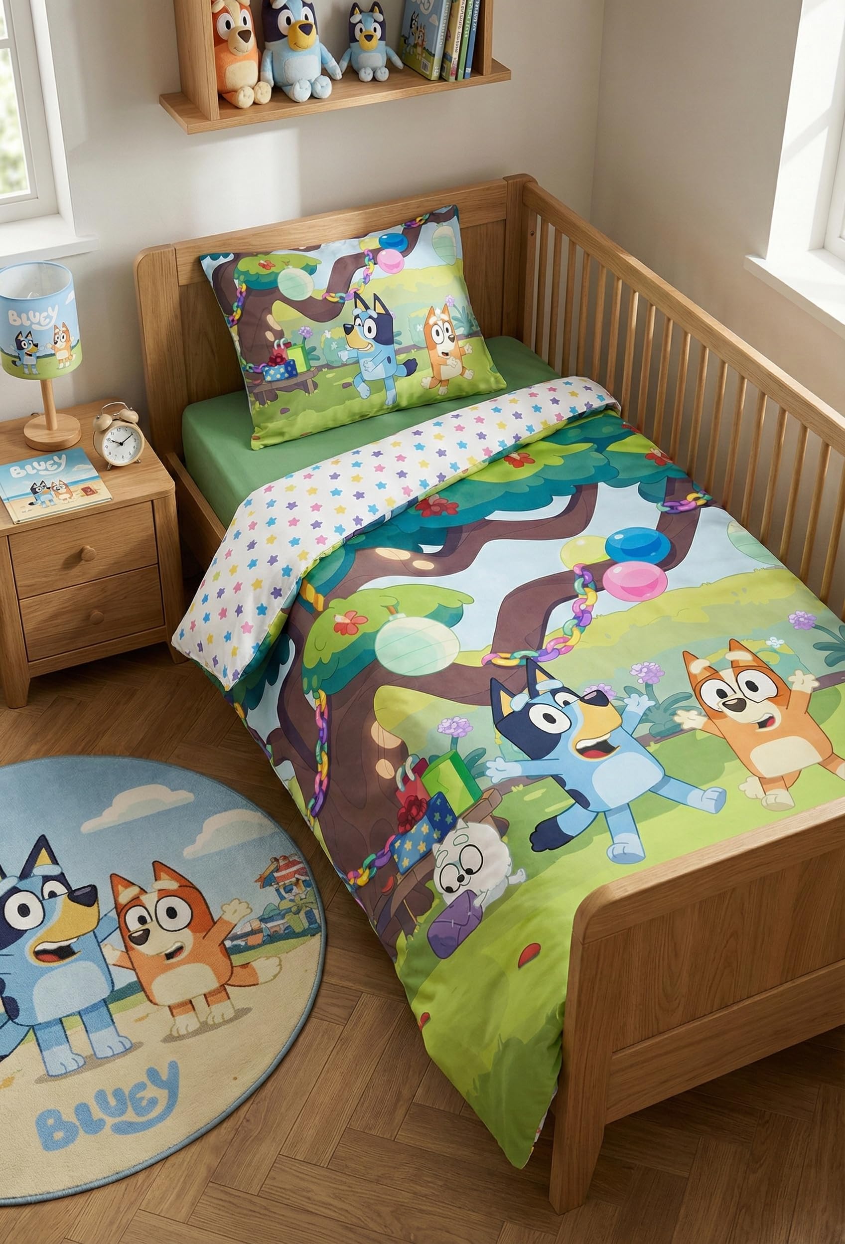 BrandMac Bluey Bed Linen Set for Children, 100% Cotton - Duvet Cover 100 x 135 cm & Pillowcase 40 x 60 cm - Festive Bluey, Bingo and Pom Pom Design - Oeko-Tex Certified - Soft and Breathable