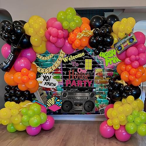 Miniatura 2 de Mocsicka Pancartas de fotografía con tema de graffiti hip hop, de los años 80 y 90, colorido ladrillo para pared, cabina de fotos, música retro,