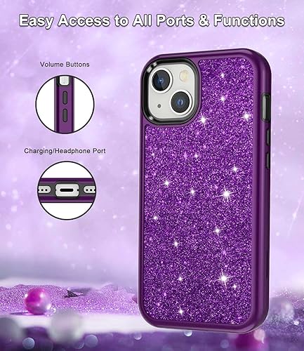 Miniatura 5 de CASEFIV Funda de mármol para iPhone 13, 3 en 1, resistente a los golpes, policarbonato duro y silicona, 6.1 pulgadas, purpurina púrpura oscuro