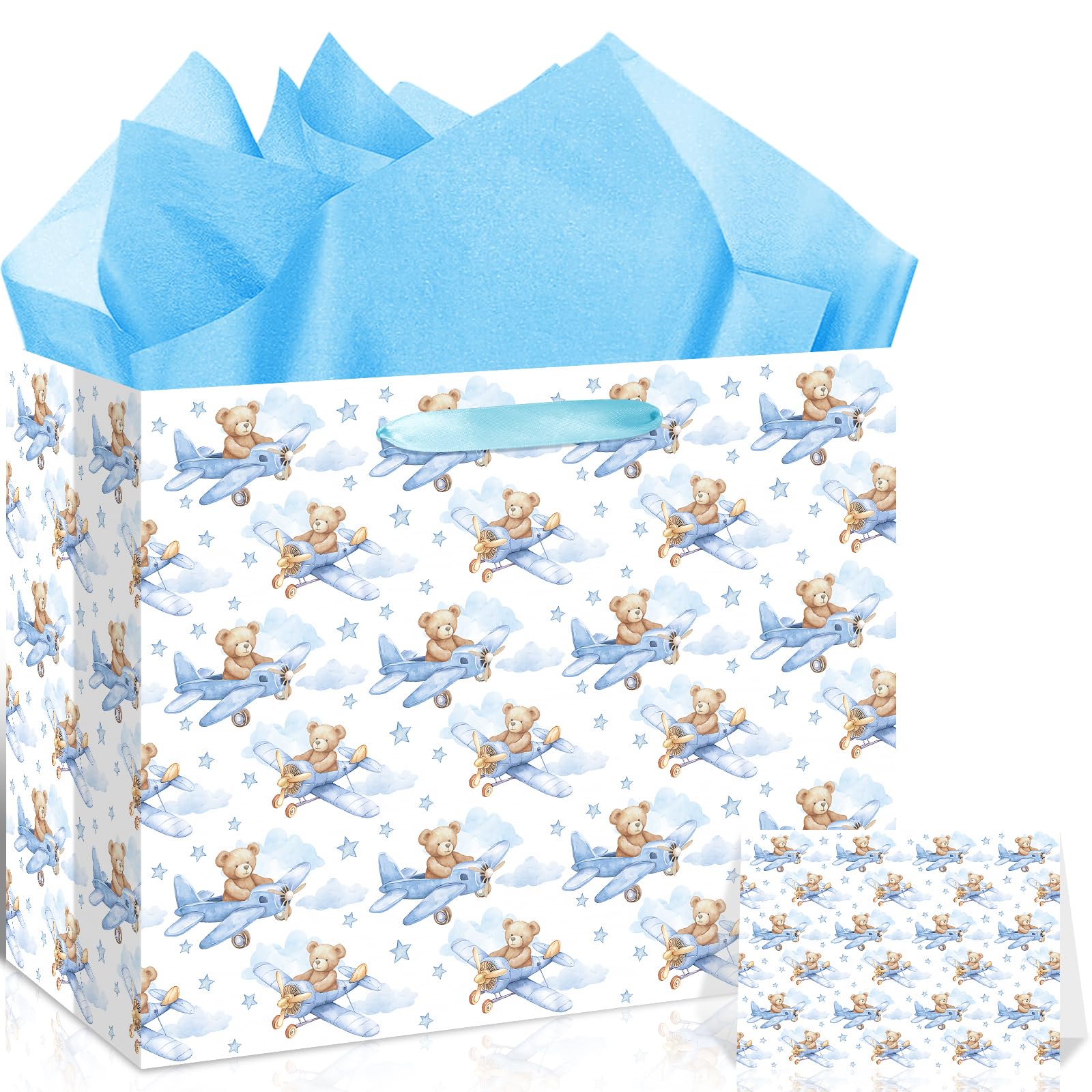 Baby Boy Gift Bag Baby Shower Bags for Boys Kids Blue Bear Wrapping Paper Bag with Handle Tissue Paper and Greeting Card for Kids Birthday Party Decorations Newborn Celebration Favors