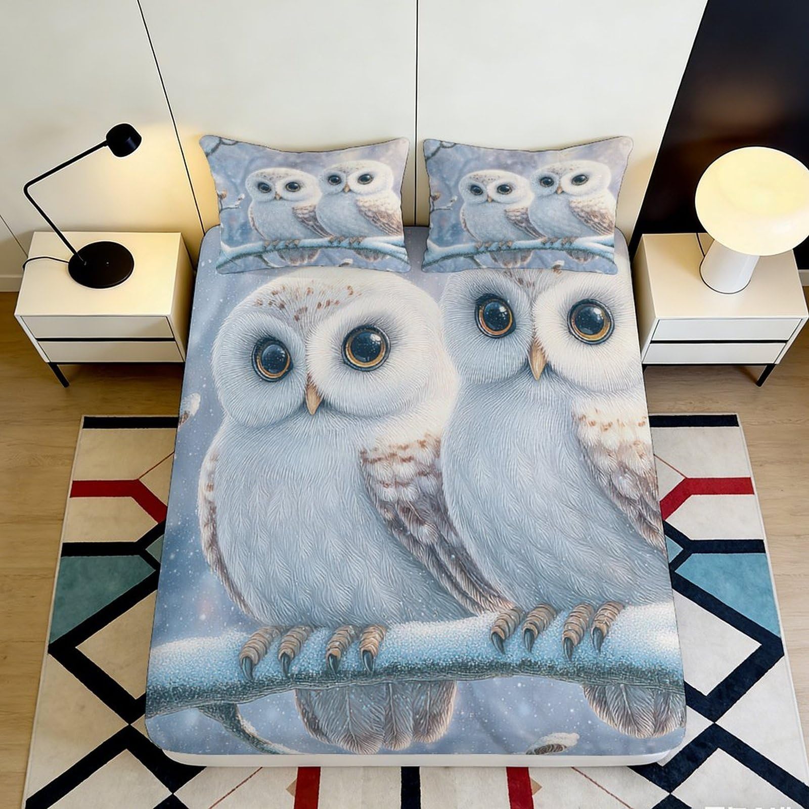 3D Printed Owl Pattern Fitted Sheet Microfiber Soft Breathable Snowy Bird Mattress Cover for Bedroom Dormitory Guest Room Mattress Protection Decor 200x200x25cm