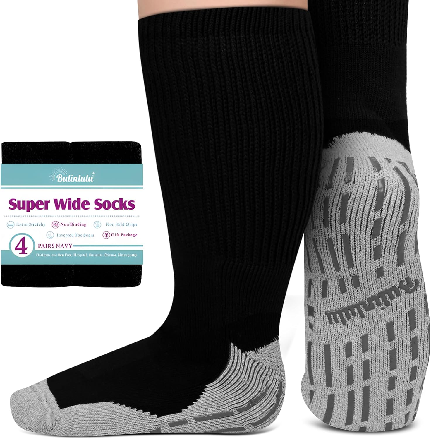 Bulinlulu Extra Width Socks for Swollen Feet-4 Pairs Hospital Grip Socks,Bariatric Socks,Diabetic Socks for Women Men 13-15