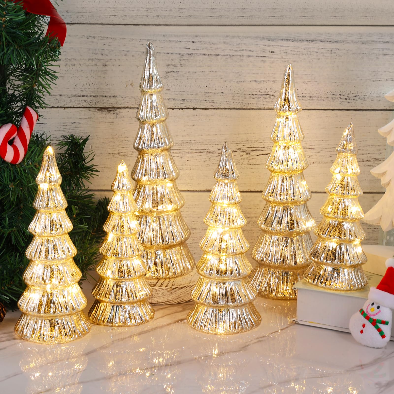 6 Pcs Mercury Glass Christmas Tree with Lights Battery Operated Lighted Tabletop Christmas Trees with Remote Control Silver Christmas Tree for Table Centerpieces Window Mantel Indoor Christmas Decor