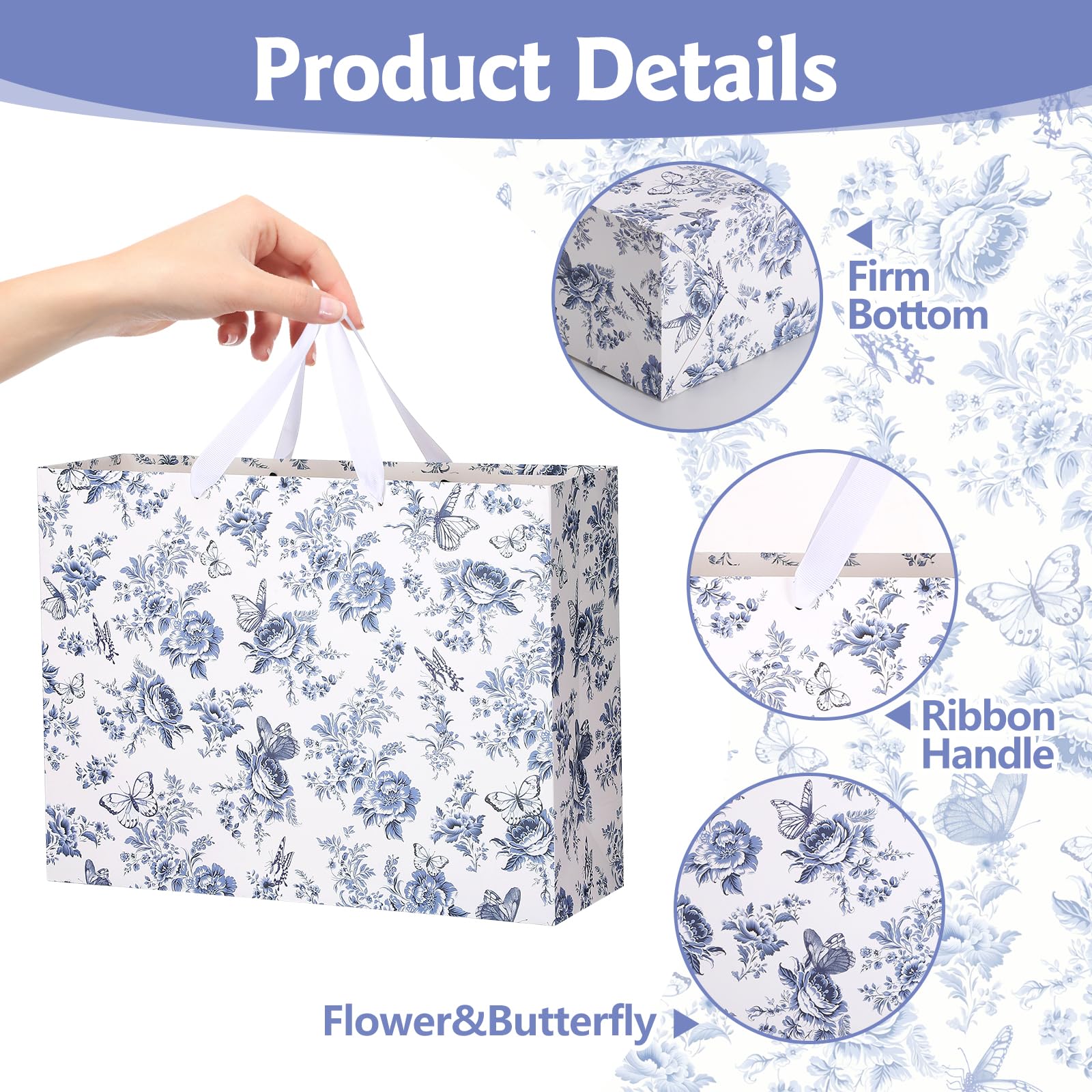 woric 14.5" Large Bridal Shower Gift Bag, Blue Floral Wedding Gift Bag with Greeting Card and Tissue Paper for Women Wedding Engagement Gifts