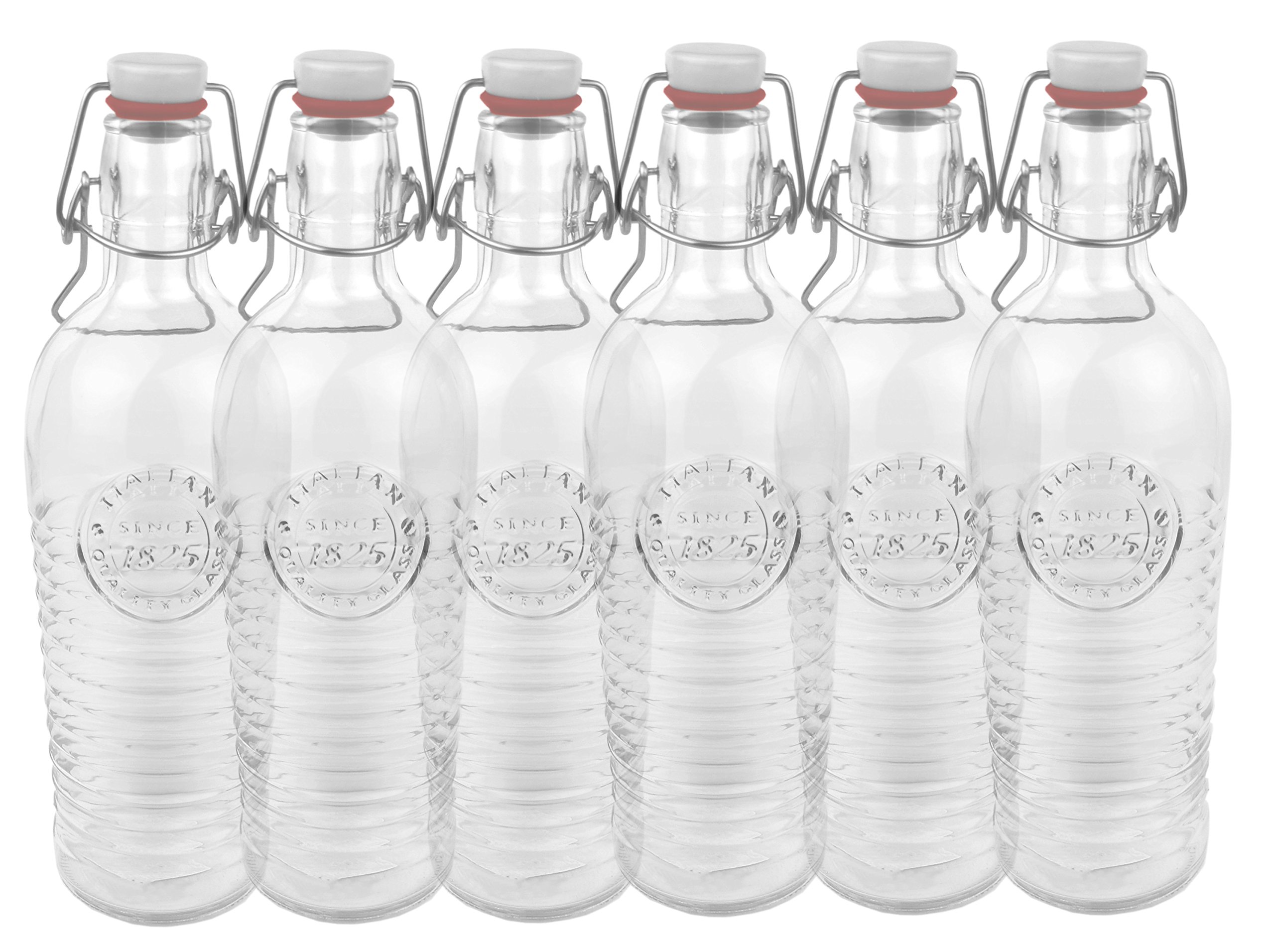 Bormioli Set di 6 bottiglie in vetro Officina 1825 - rigata, 1,2 litri, con chiusura a staffa e motivo ornamentale in rilievo