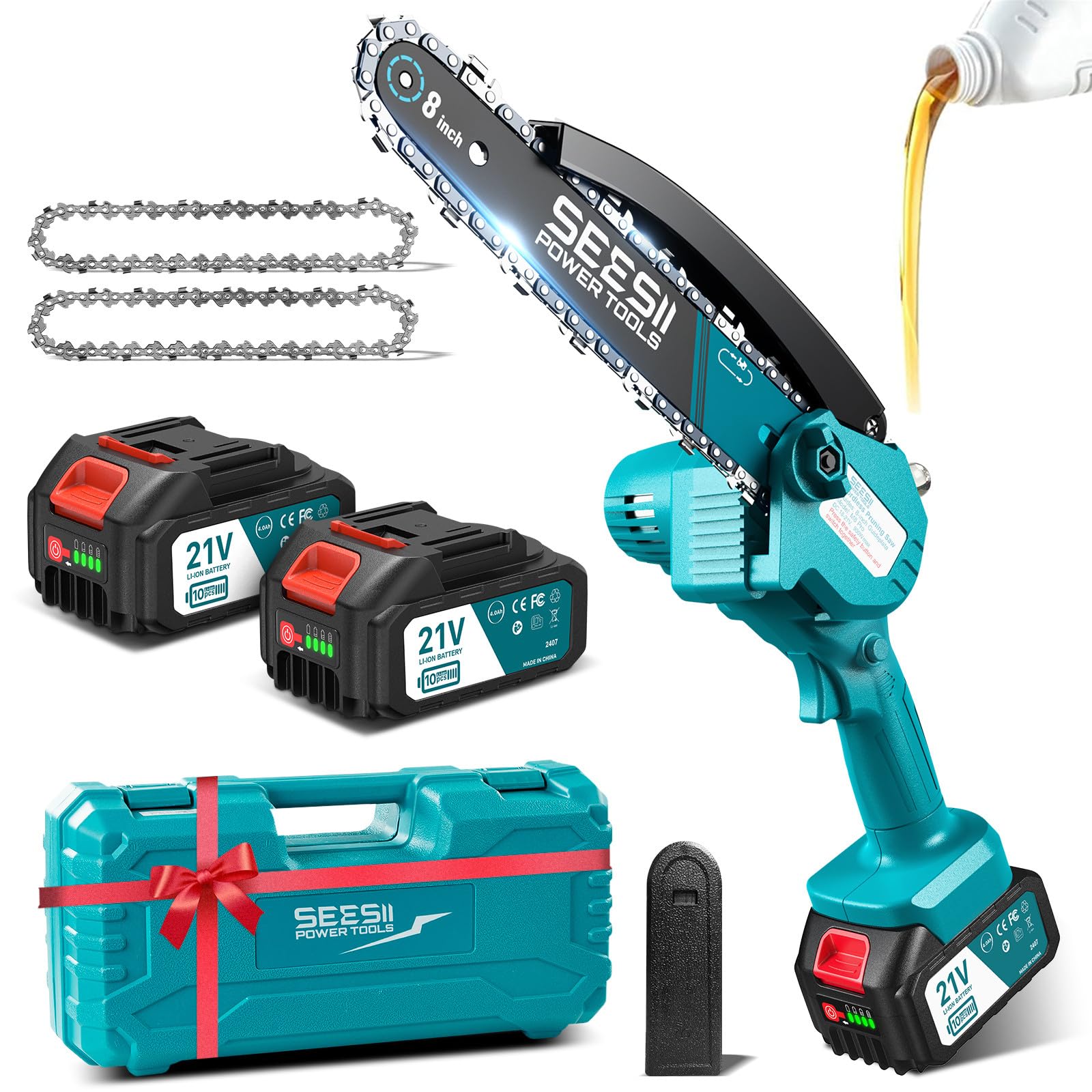 Seesii Mini Chainsaw 8-inch, Mini Chainsaw Cordless Tool Set, Battery Chainsaw with 2x 4.0Ah Batteries, Handheld Electric Power Chain Saw with Oiler, Safety Lock for Tree Trimming,Wood Cutting