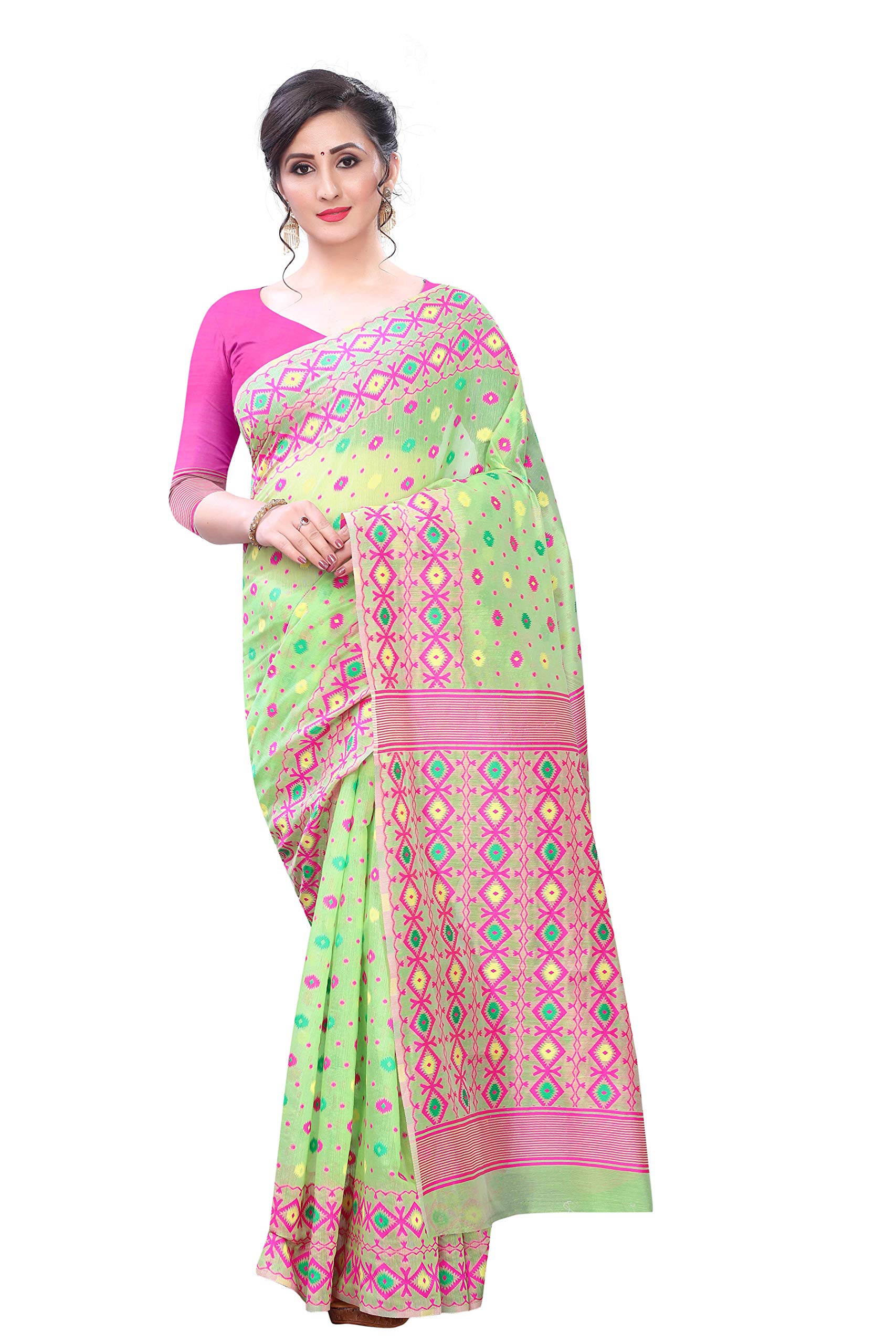Enthone Women's Pure Cotton Jamdani Saree With Unstitched Blouse Piece(Green)