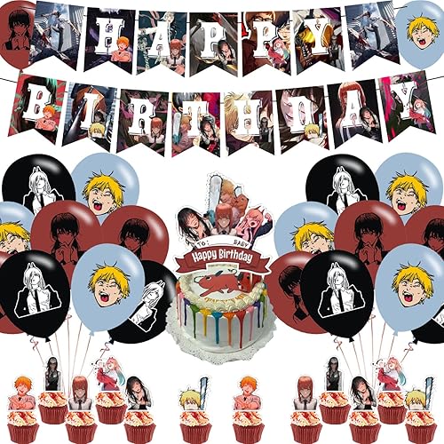 Juego de suministros de fiesta de cumpleaños con temática de hombre de motosierra para niños con 1 pancarta de feliz cumpleaños 12 adornos para