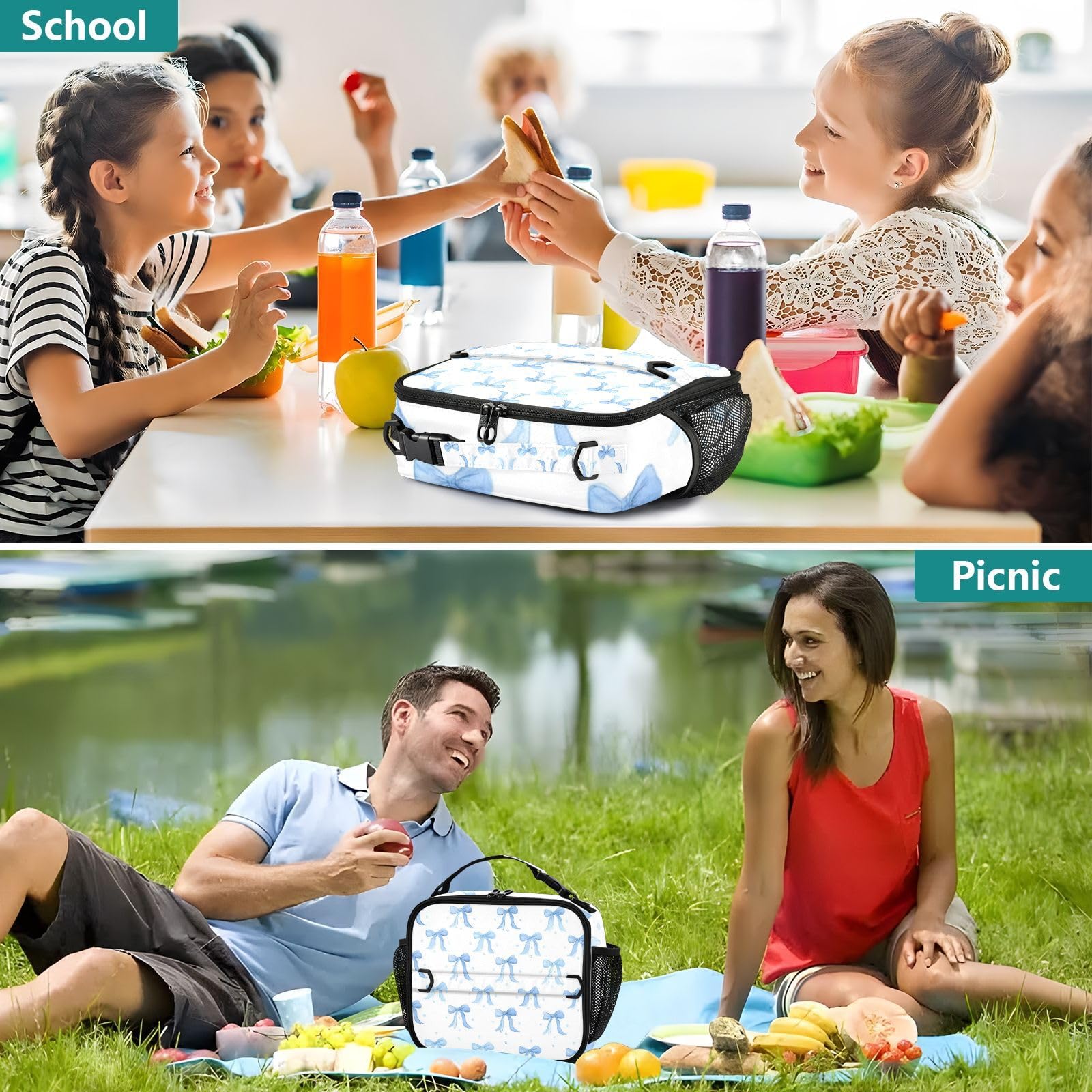 Kcldeci Blue Bows, borsa termica per il pranzo per bambini, grande, borsa termica per il pranzo, borsa termica per il pranzo, cestino per il pranzo per la scuola per ragazzi