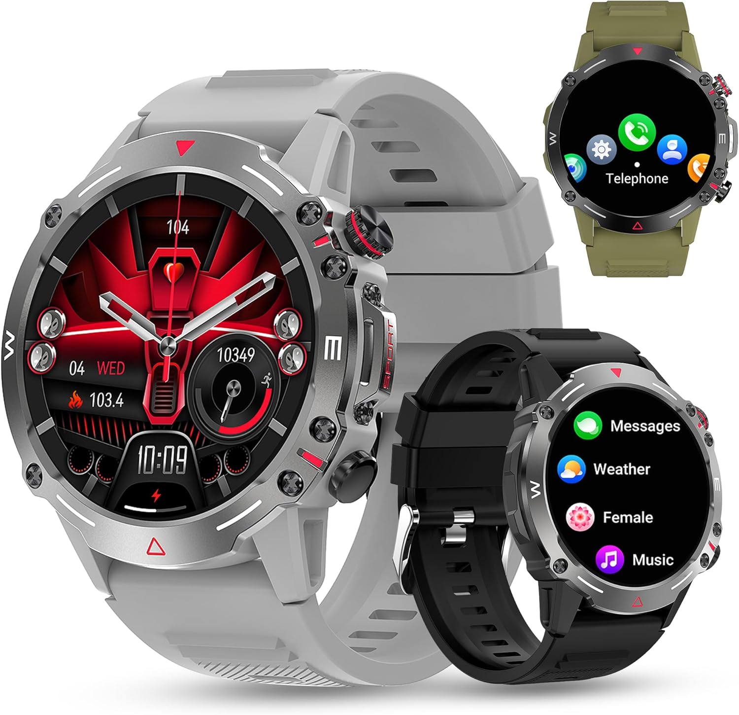 DOVIICO Military Smart Watch HK87 with grey and black bands, showing different watch faces.