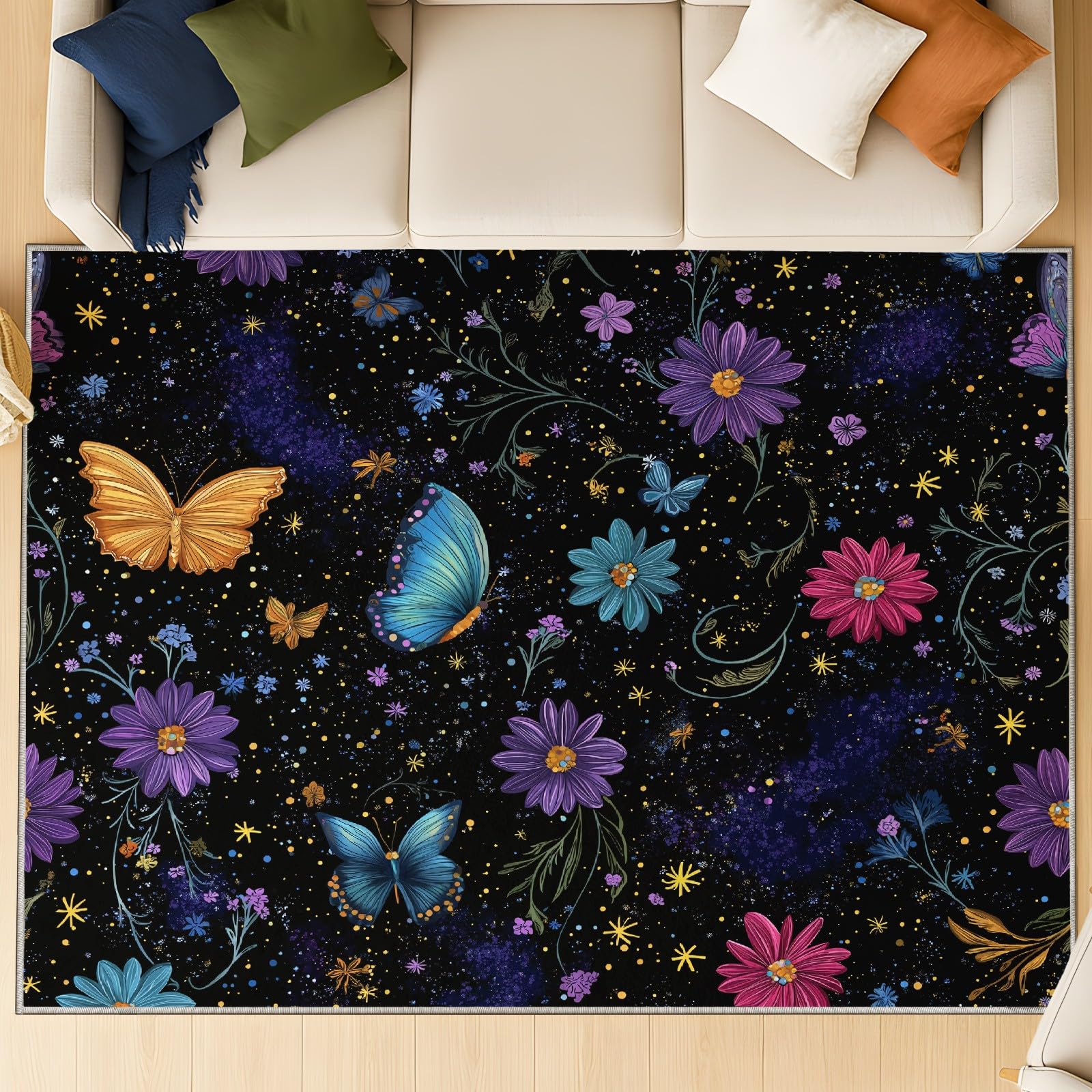 Générique Tapis De Salon Poils Ras Grand Fantaisie Espace Intérieur Antidérapant Tapis Imprimé Psychédélique Couleur Papillon Noir, Paillasson Confortablex Lavable 120 x 160 cm