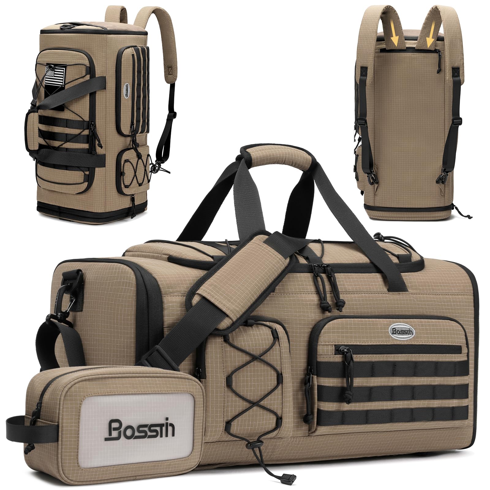 Bosstin Gym Bag for Men & Women,45L Travel Duffle Sports Duffel Bag Gym Weekender Overnight Backpack with Shoe Compartment (KHAKI CHECKERED)