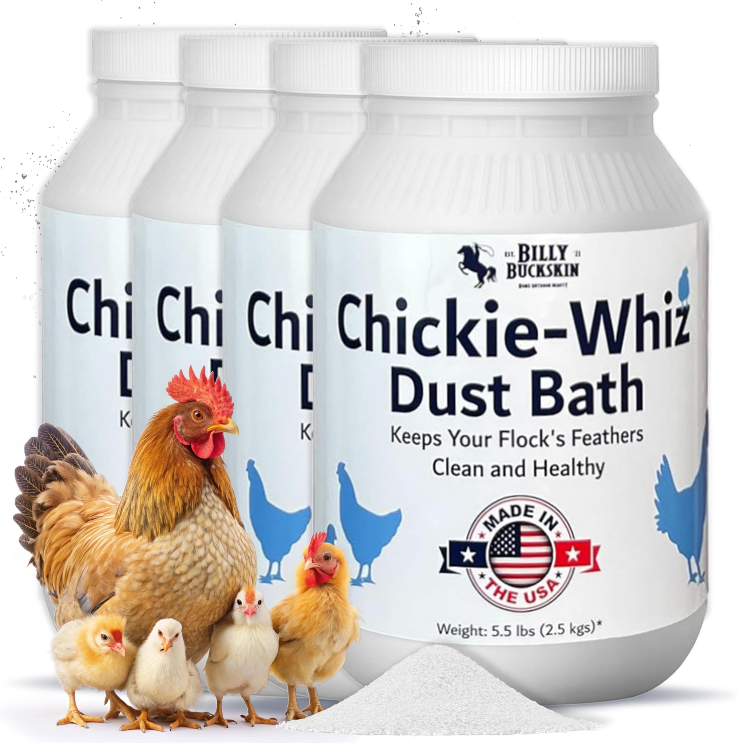 - 4 x 5.5lb Chickie Whiz Dust Bath, All-Natural Chickie Whiz Dust Bath Powder for Chickens for Healthier Chicken Eggs, Clean, Healthy Chickens Other Small Pet Animals by Billy Buckskin Co.