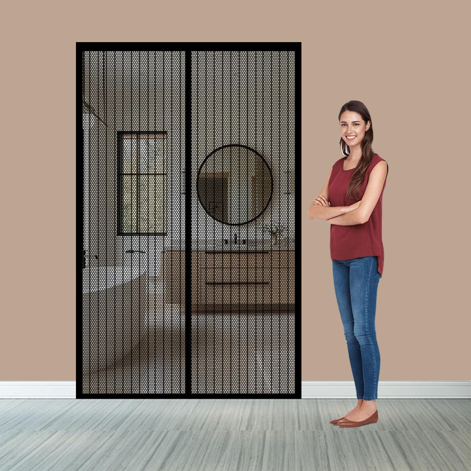 Fliegenvorhang Balkontür Magnet 183 x 232 cm Ohne Bohren mit Starken Magneten Selbstschließend Magnetisches Fliegengitter für Balkontür Wohnzimmer Terrassentür, Schwarz