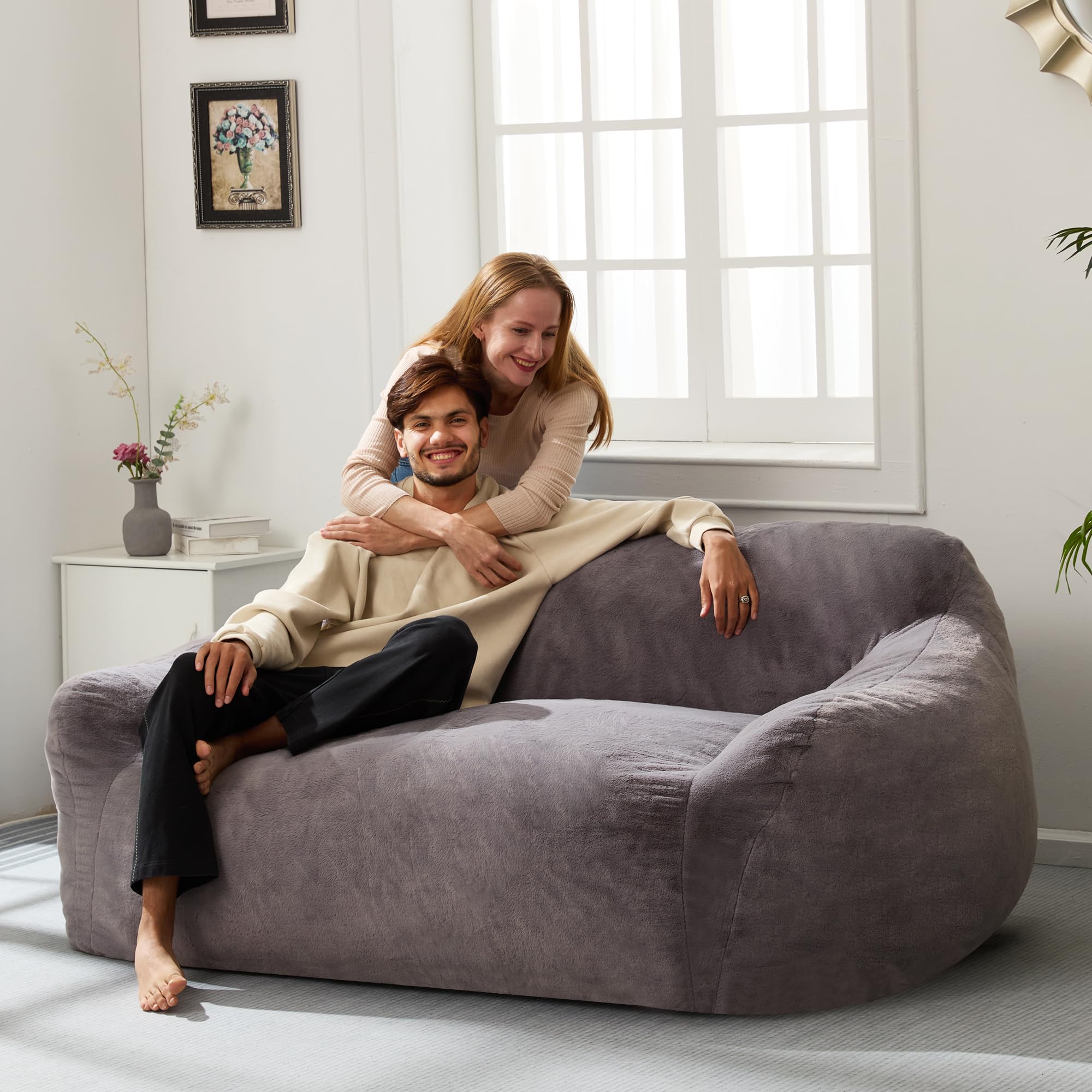 Cansunna Bean Bag Chairs Giant Foam-Filled BeanBag Sofa Chair for Adults, Teens, Bean Bags Lazy Sofa Living Room Furniture Sofa with Removable Cover and Comfortable Armrests (Grey)