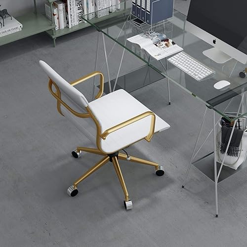Miniatura 4 de CAROCC Silla de oficina blanca y dorada, silla de oficina de cuero blanco, giratoria, cómoda, silla de oficina dorada, asiento ancho, silla de