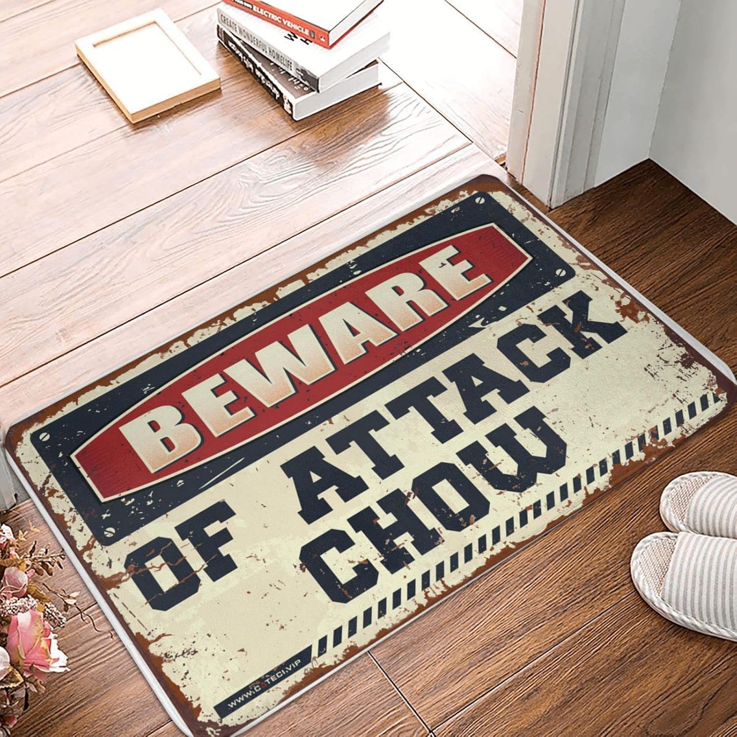 Doormats for Outdoor Entrance Home Funny Beware of Attack Chow Doormat Outdoor Bar Accessories Decor Spring Porch Decor(65X90CM)
