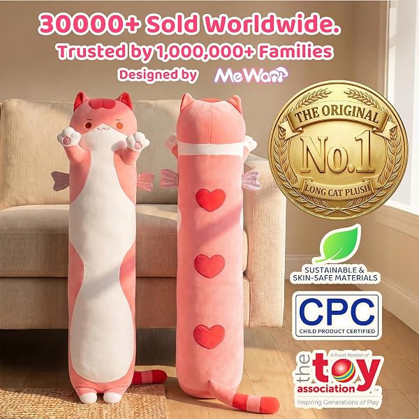 Mewaii Mewaii Long Cat Plush 5 Sizes, 120% Extra Filling Giant Plushness Kids Body Pillow, Kawaii Cute Pink Cat Stuffed Animals Plushies, Big Long Body Pillow Cat Plush Gift for Girls 20” in use