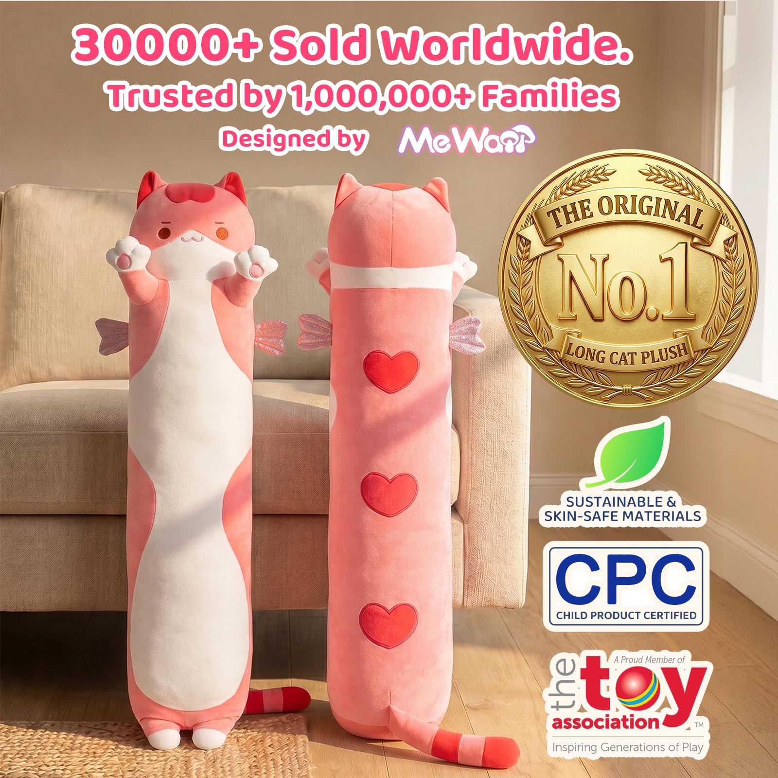 Mewaii Peluche Cuscino Kawaii Lungo Gatto Rosa 50CM per Bambina Cuscino di Peluche Animali Giocattoli Abbraccio Morbido Cuscino Giocattolo Regalo per Ragazza 3 anni in su
