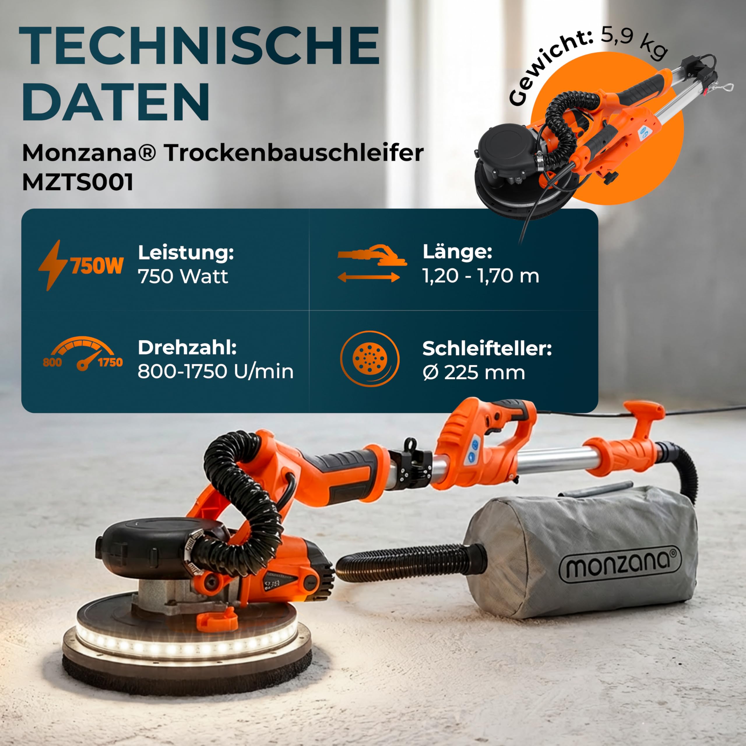 MONZANA® Trockenbauschleifer 750 Watt max Drehzahl 1750 U/min 12x Ø 225mm Schleifscheiben inkl Absaugbeutel LED-Licht Deckenschleifer Schleifmaschine