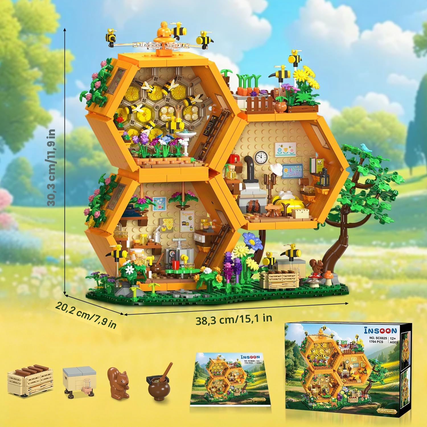 INSOON Set de Construcción Casa Granja de Abejas con Luz para Adultos | Juguete de Bloques de Cabaña de Miel con Flores, Kit de Maqueta de Casa Árbol para del Hogar, Regalo para Niñas de 12+