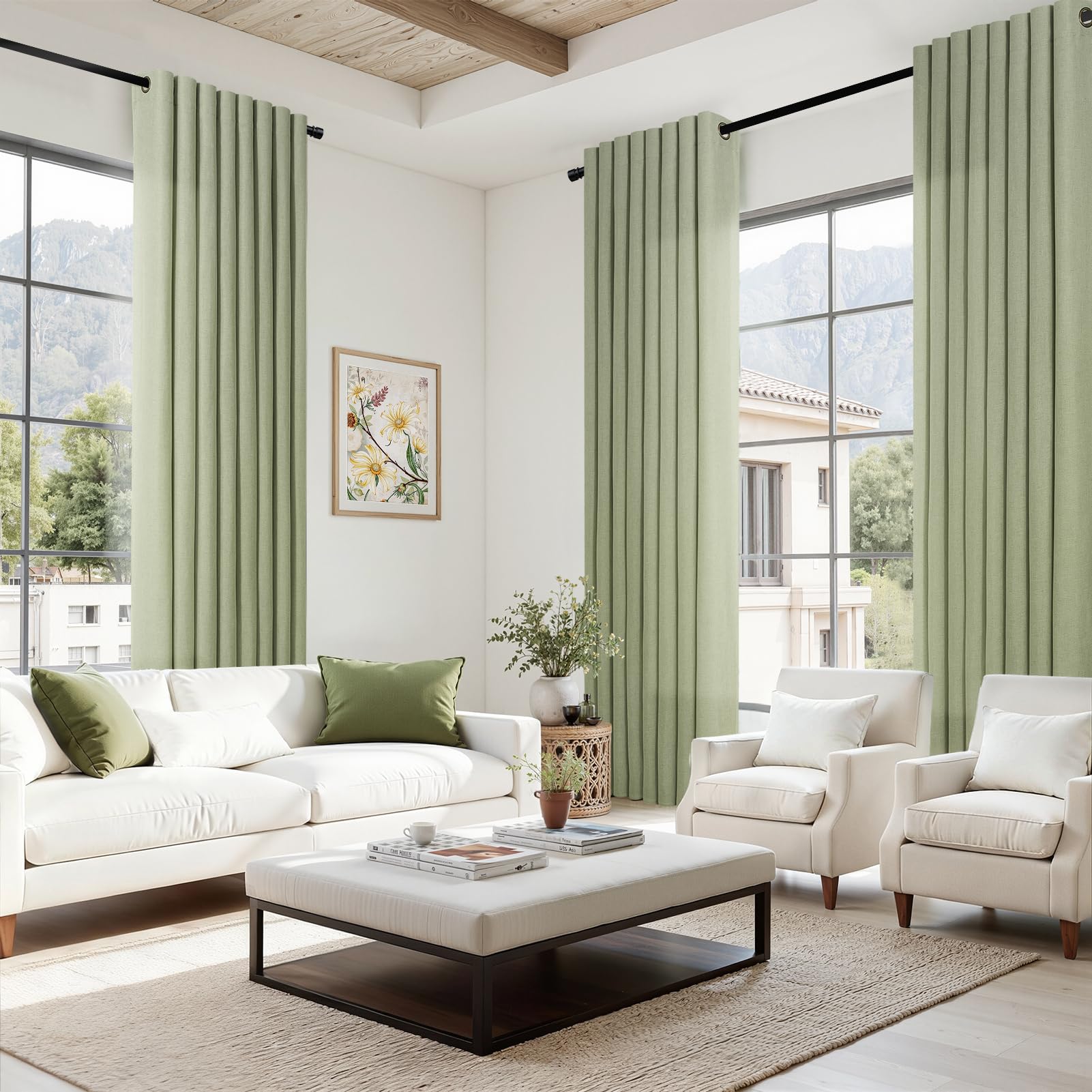 Topfinel Zielone zasłony na przelotkach, zasłony przepuszczające światło, len, bawełna, styl boho, zasłony o wyglądzie lnu, na przelotkach, do salonu, sypialni, zestaw 2 sztuk, 245 x 140 cm (wys. x