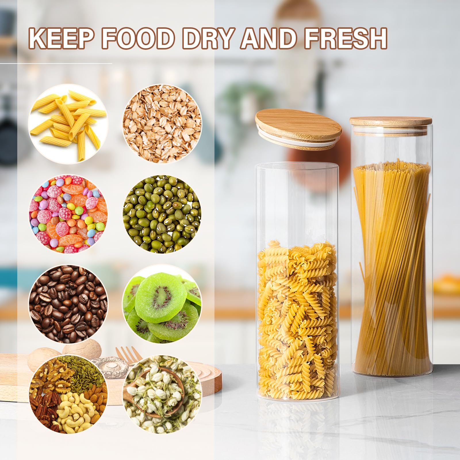 Botes de almacenamiento con tapa, juego de 2, 1.400 ml botes de vidrio con tapa de bambú, botes de cocina herméticos para espaguetis, botes de especias, hechos de vidrio de borosilicato reforzado