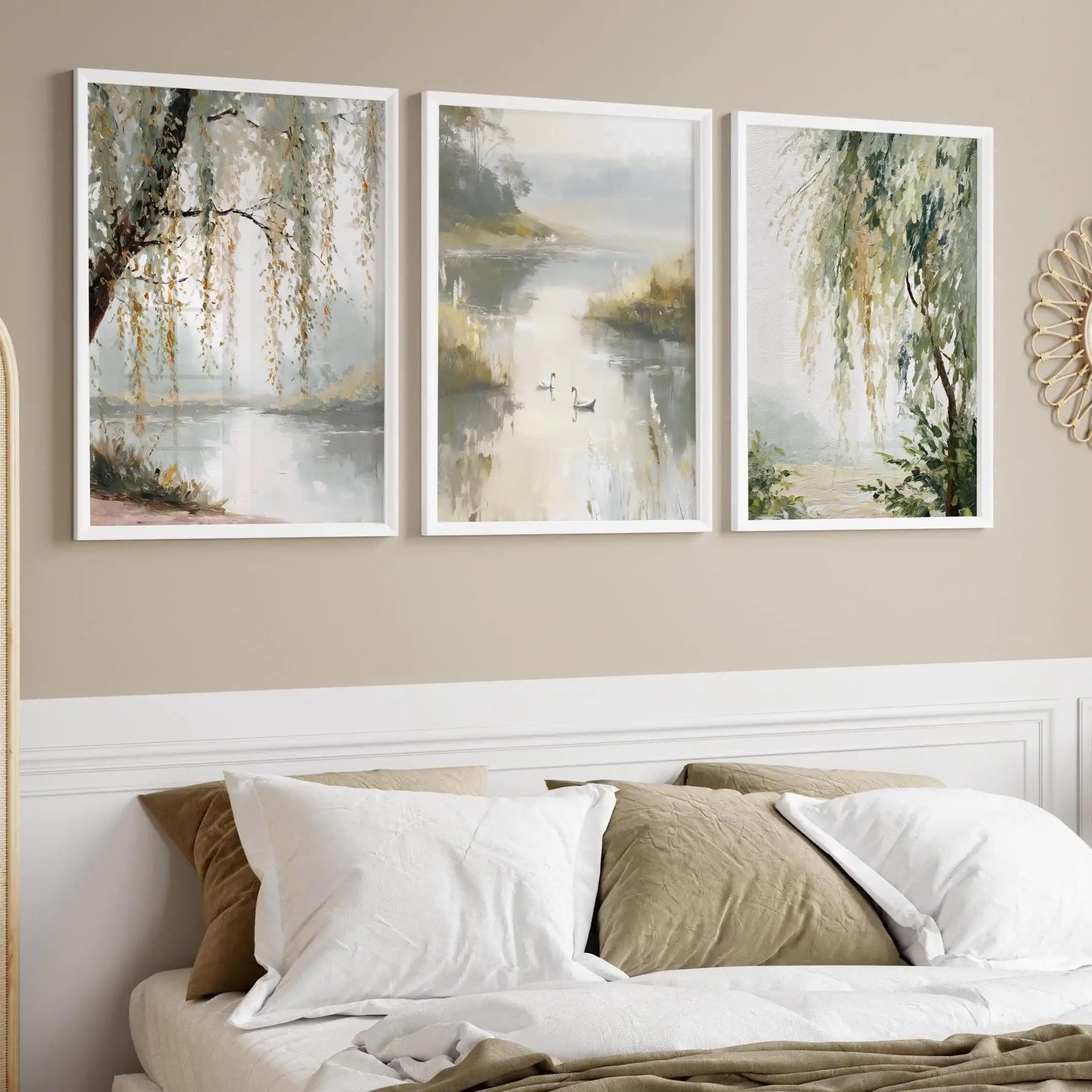 Póster artístico Willow Tree Countryside, arte para sala de estar en verde salvia, arte para dormitorio en verde oscuro, impresiones en lienzo (30x40cm x 3/marco interno)