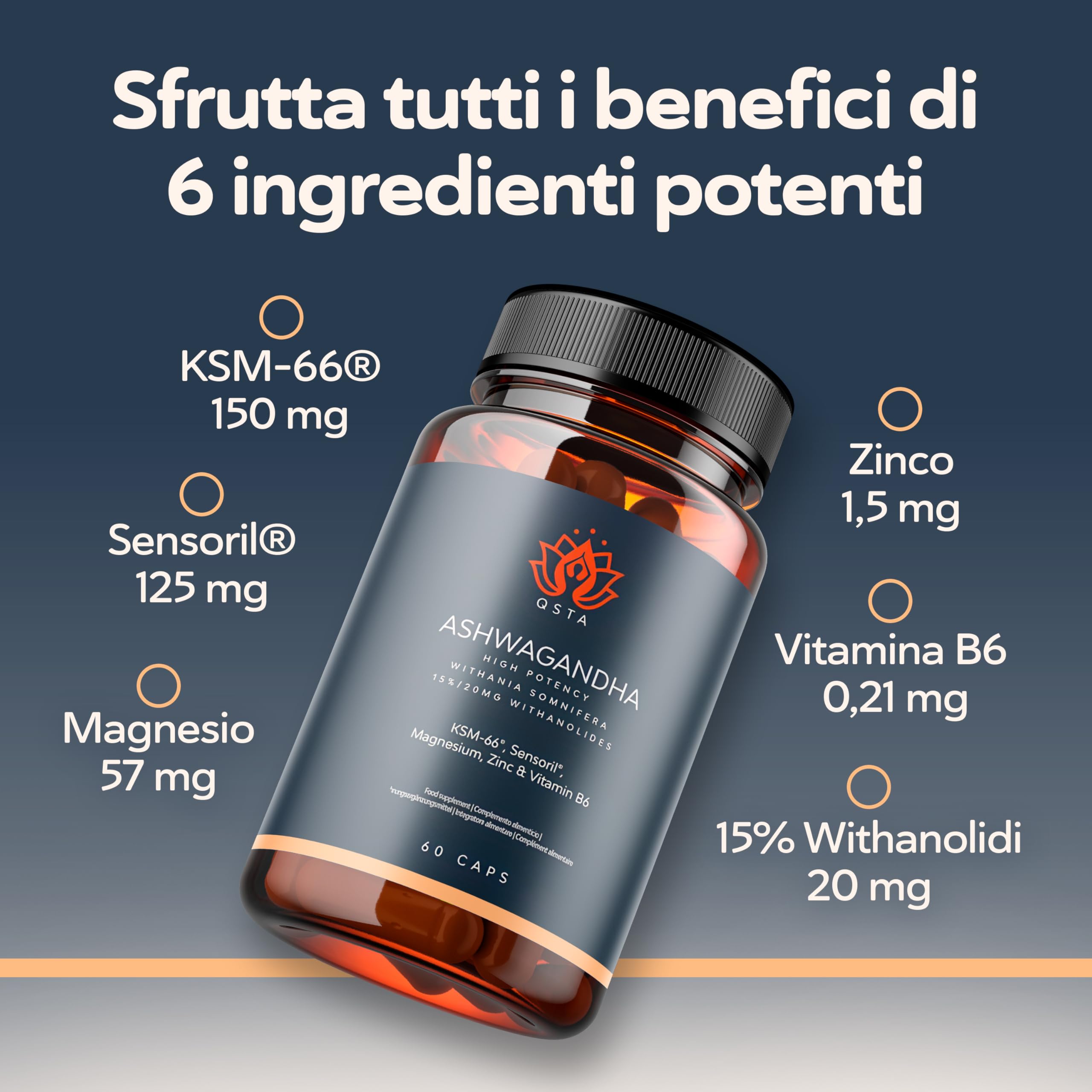 Ashwagandha KSM-66 + Sensoril (15-20% Withanolidi) Adattogeno e Nootropico per Sonno Profondo, Benessere, Energia, Cortisolo abbassare dimagrire | Fornitura di 2 Mesi