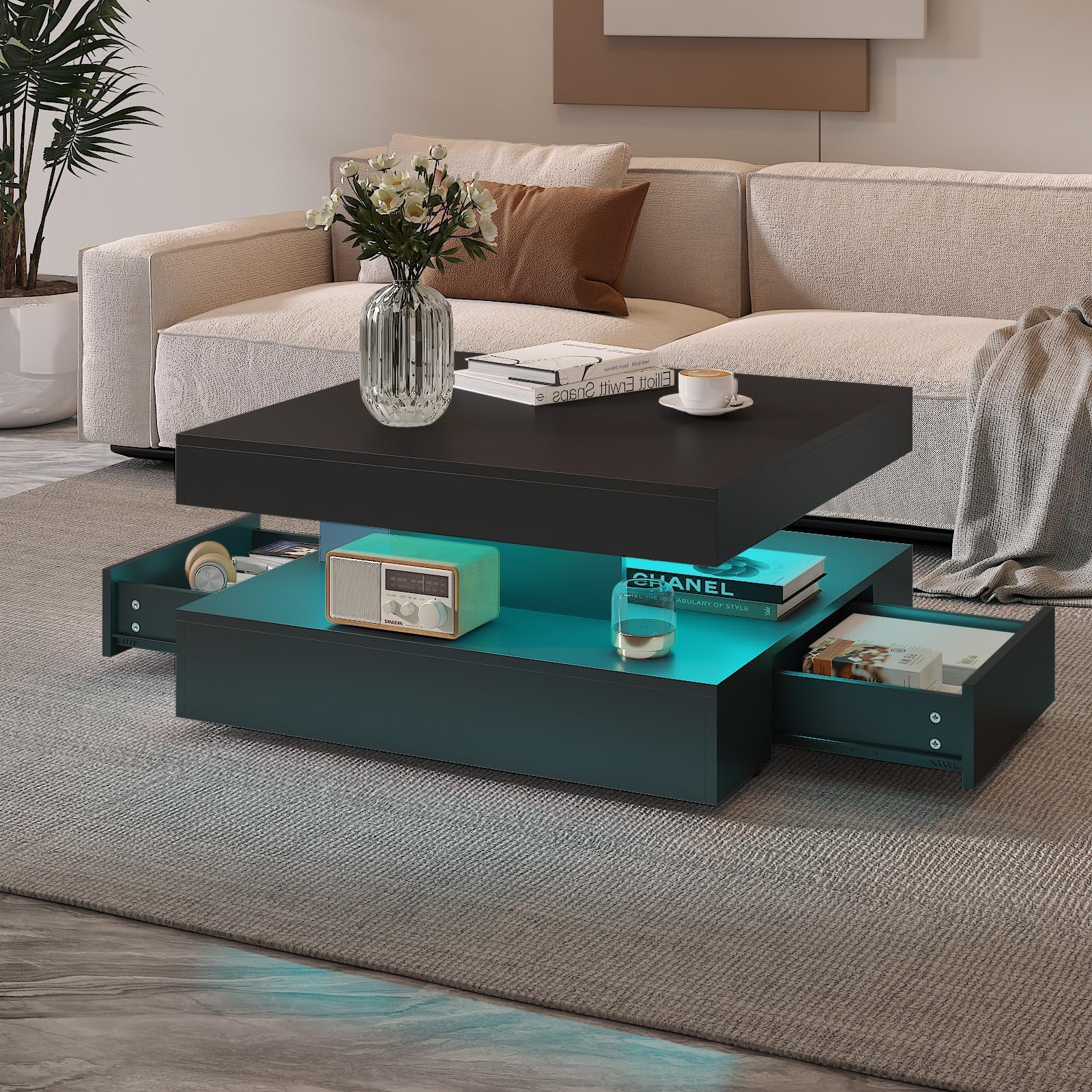 KEEPREAPER Black LED Coffee Table with 2 Storage Drawers for Living Room
