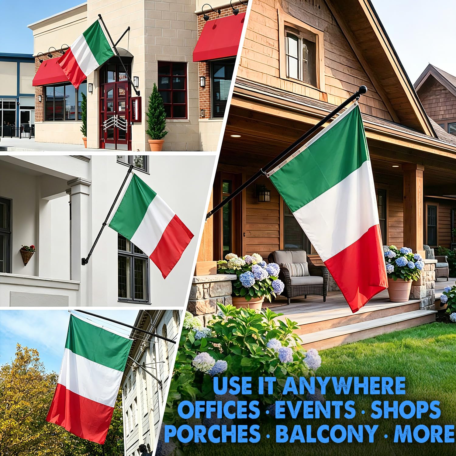 Italy Flag with Poles for Outside House, 6ft Stainless Steel No Tangle Spinning Flag Pole, 180° Multi- Position Mounting Bracket, 3x5 ft Nylon Italian Flag, Wind Resistant Rust Free Kit (