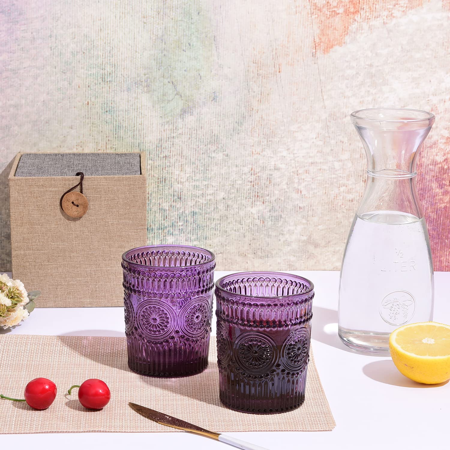 Vintage Purple Glassware Set Of 6 - 10.5 Oz Highball Glasses For Cocktails, Beer, Juice (Embossed Sunflower Design)