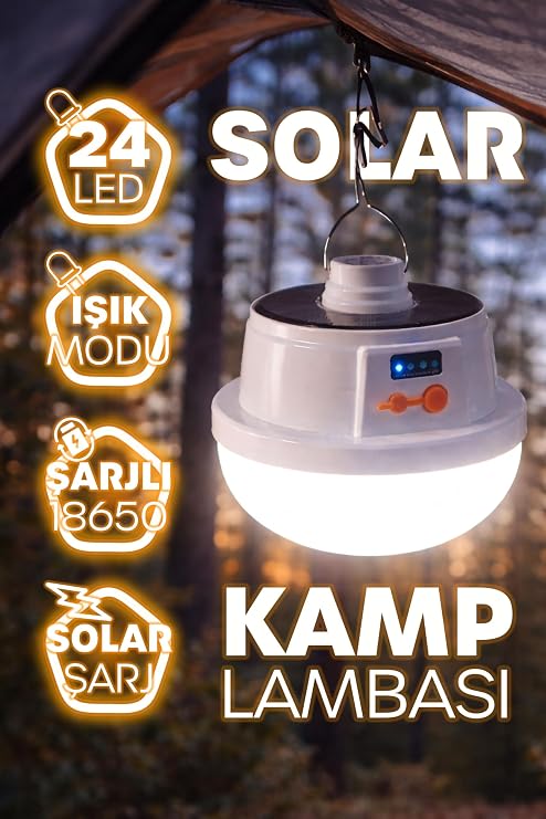 Şarjlı Solarlı Kamp Lambası 5 MODLU Orta-Yüksek Işık SOS Askılı Işıldak Kamp El Feneri 47724 [Enerji Sınıfı A+]