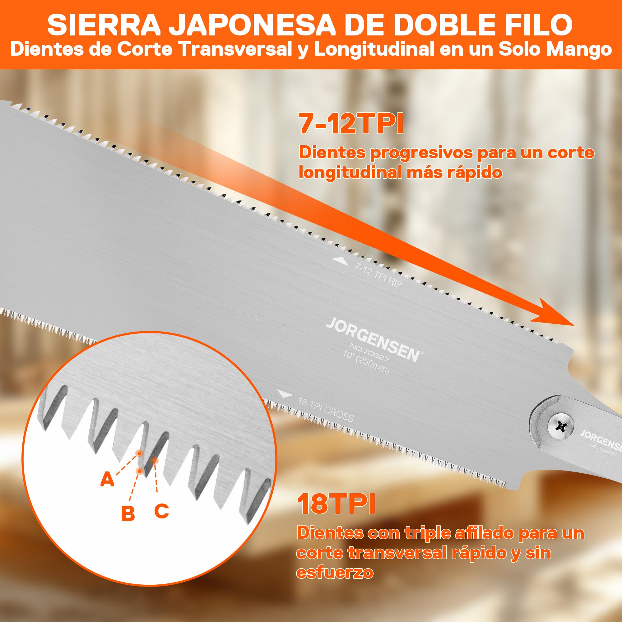 Jorgensen Sierra Japonesa Profesional de Doble Filo, Sierra de Mano con Hoja SK5 y Reemplazable, Sierra Madera con Mango Ergonómico de TPE, Perfecta para Trabajos de Madera