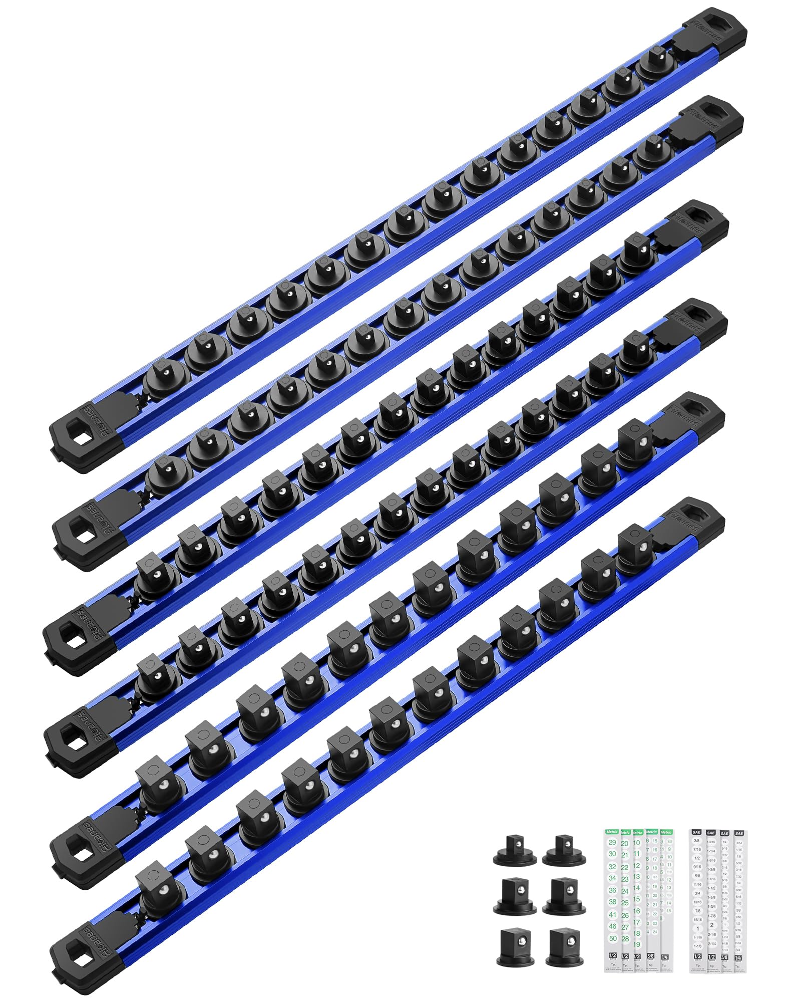 ALOANES Magnetic Socket Organizer Set, 6PC Heavy Duty Aluminum Socket Holder Organizer, 360° Swivel Clips Socket Holder Kit for Toolbox Drawer Fit 1/2, 3/8, 1/4-Inch x 80 Clips (Blue, 6PC)