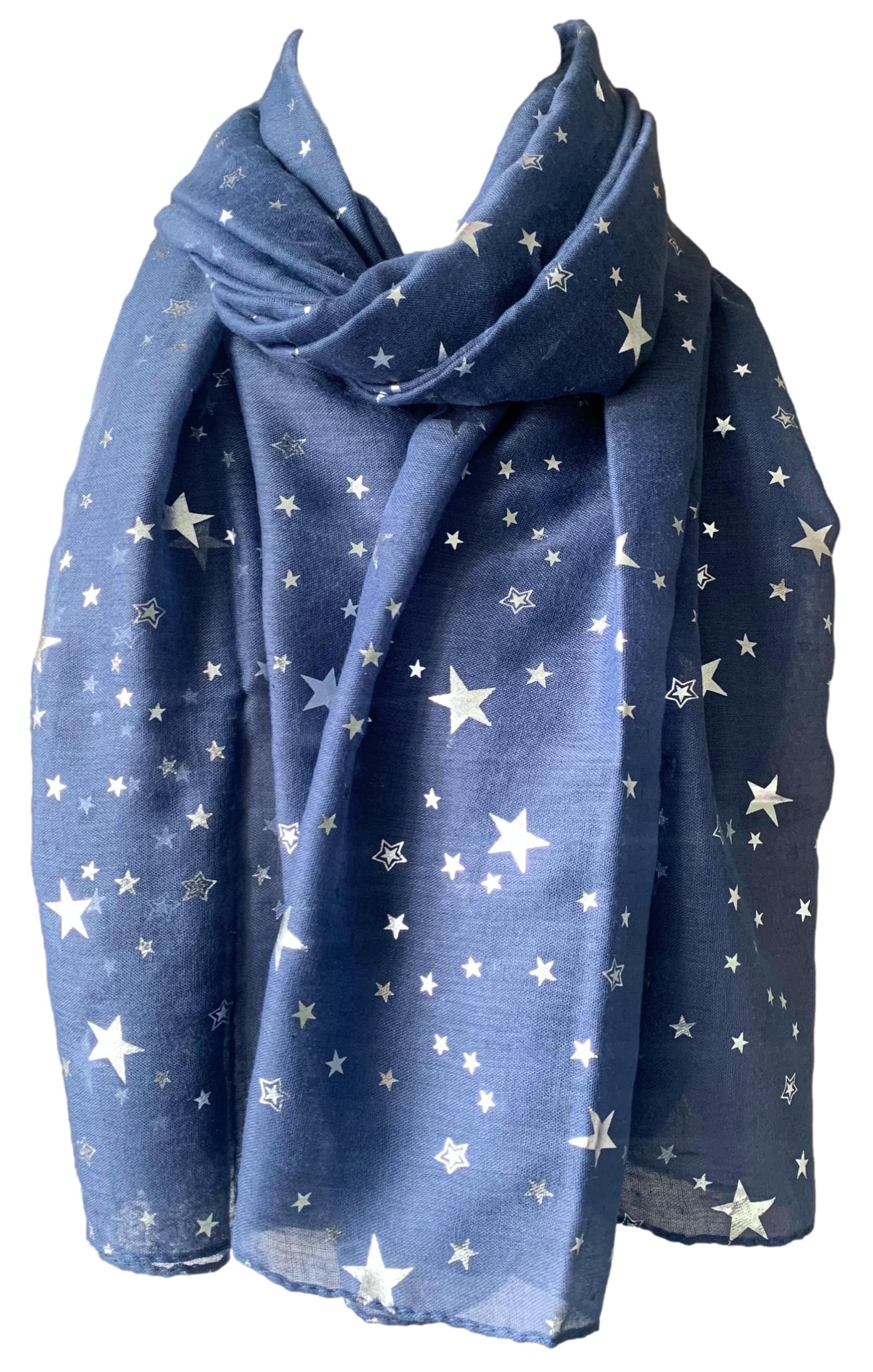 Purple Possum Women's Blue, Denim Blue, Denim, Navy Blue, Navy Purple Possum® Blue Star Scarf, Silver Stars Wrap, Cotton Blend Lightweight Shawl