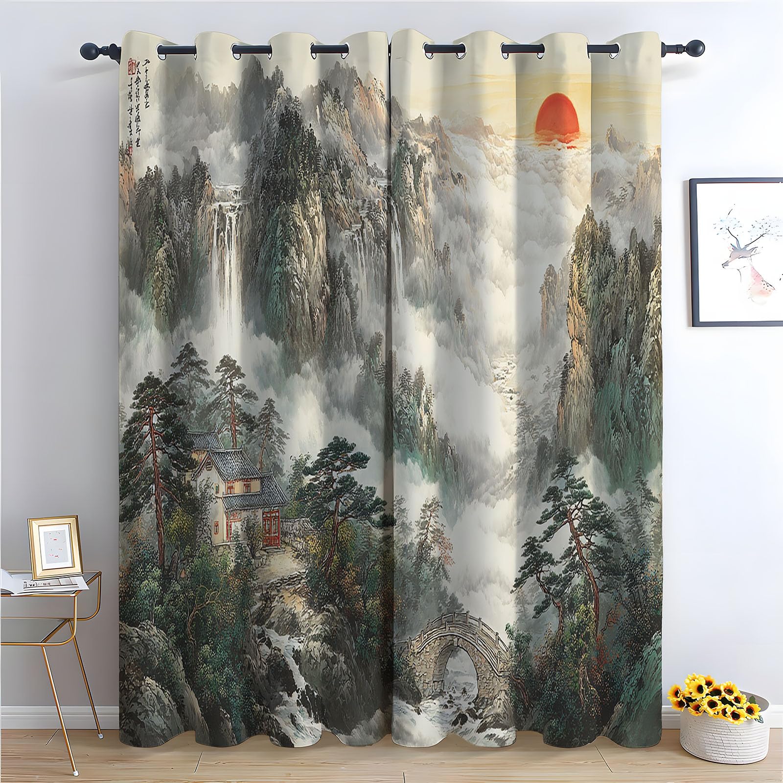 WQBQKKX 80% Blackout Curtains for Bedroom Ink Painting Bohemian Flower Plant Print Thermal Insulated Window Drapes, Botanical Art Window Treatments-52 W x 72" L (Pack of 2)