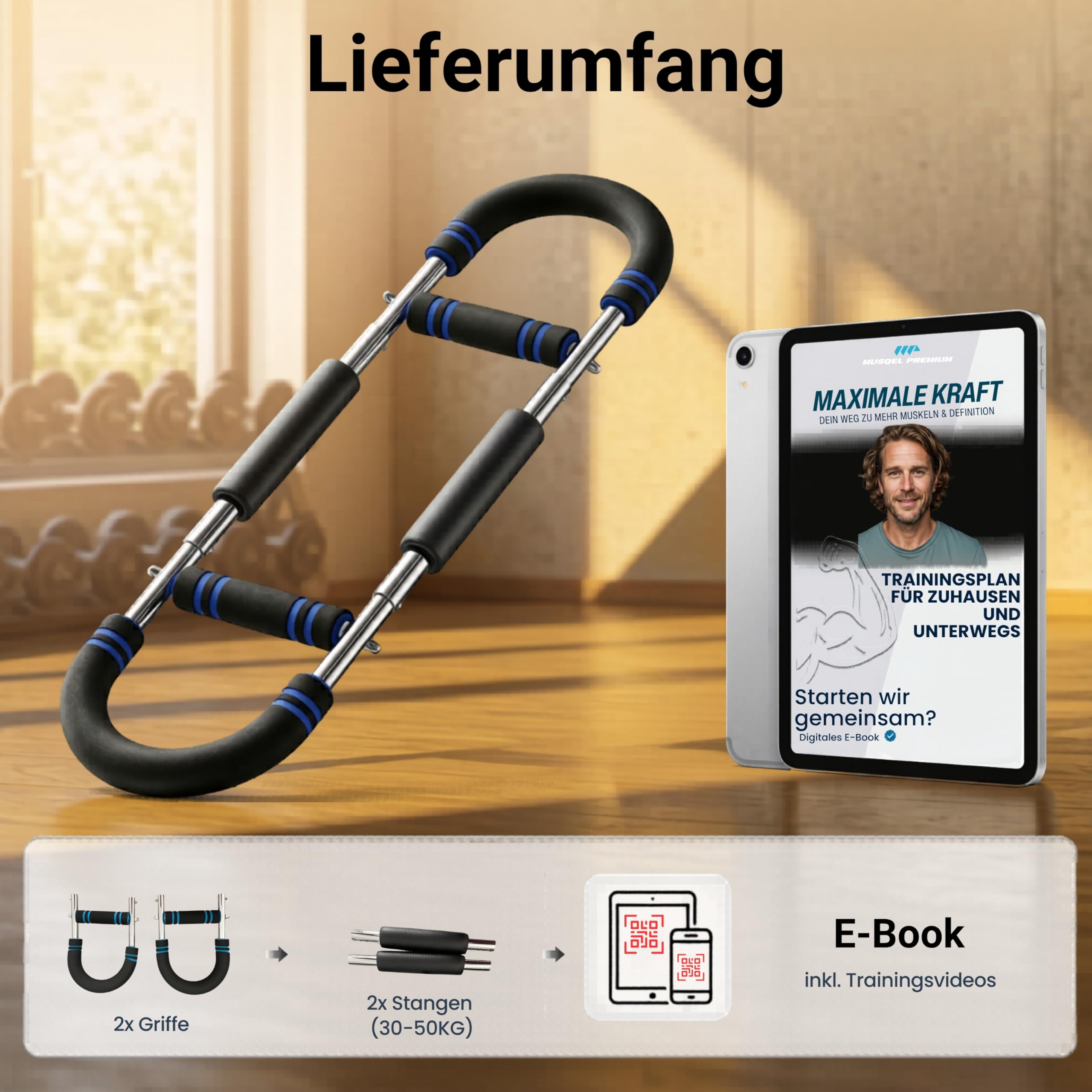 Power Twister Armtrainer, Brusttrainer Männer (20-30KG) / (30-50KG) - Trainingsgerät mit Anleitungen & Übungen, Rostfreier Edelstahl / Fitnessgerät für Zuhause & Outdoor - MUSQEL PREMIUM