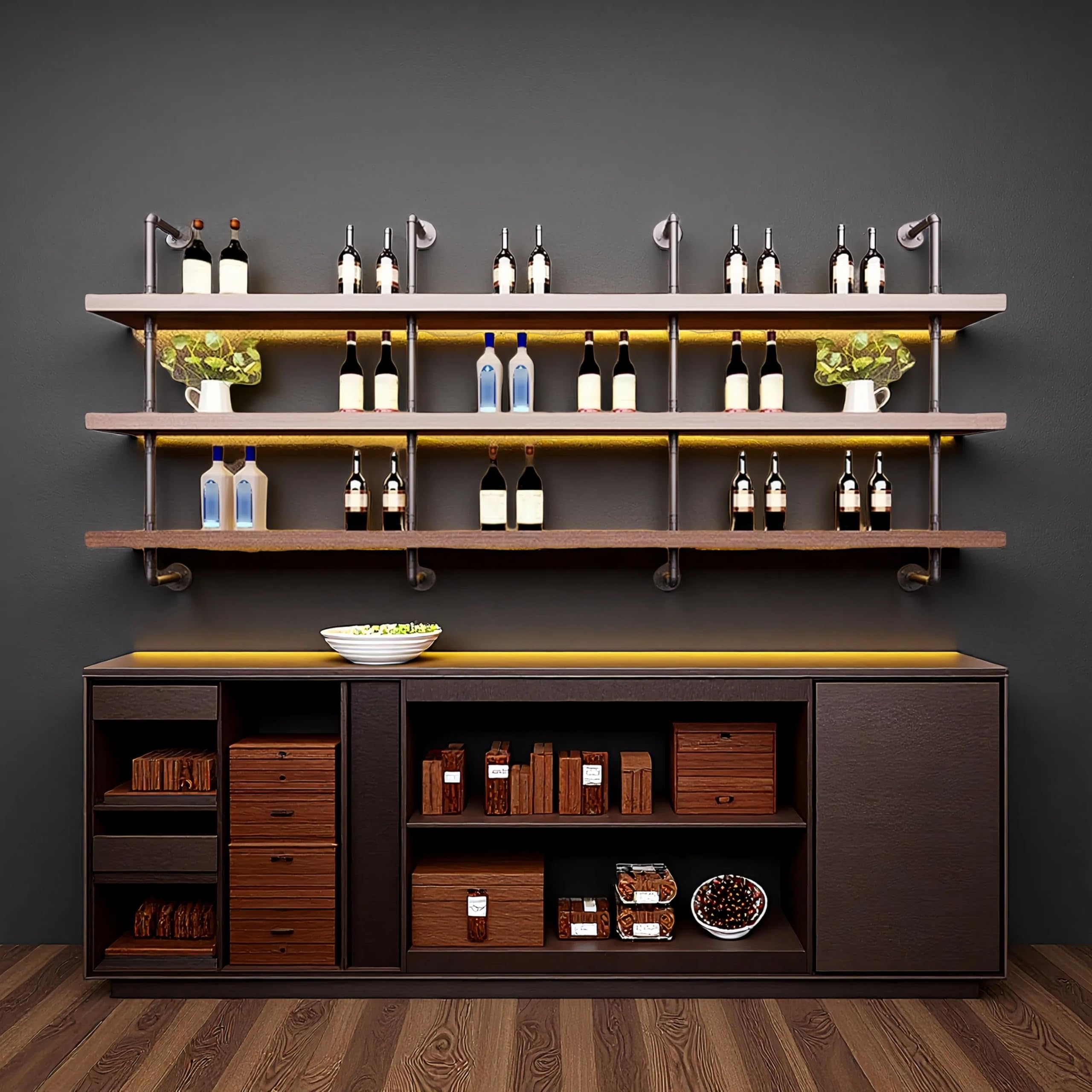 100CM Grande Portabottiglie Da Parete con illuminazione a LED,3 Livelli Supporto Vetro in legno massello in stile industriale vetrinetta da parete Pensile bar, ristoranti e case