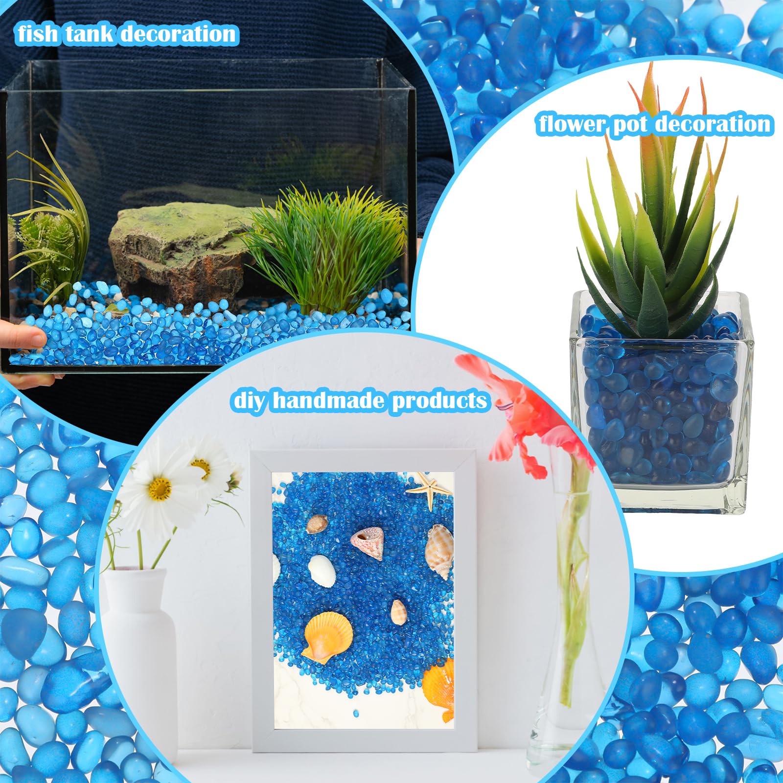 3 kg Aquarium-Kies, Glas-Kieselsteine, blau, Aquarium-Kiesel, Aquarium-Steine für Vasenfüller, Garten, Aquarium, Terrarium, Blumentopf, Topfpflanzen, Dekoration