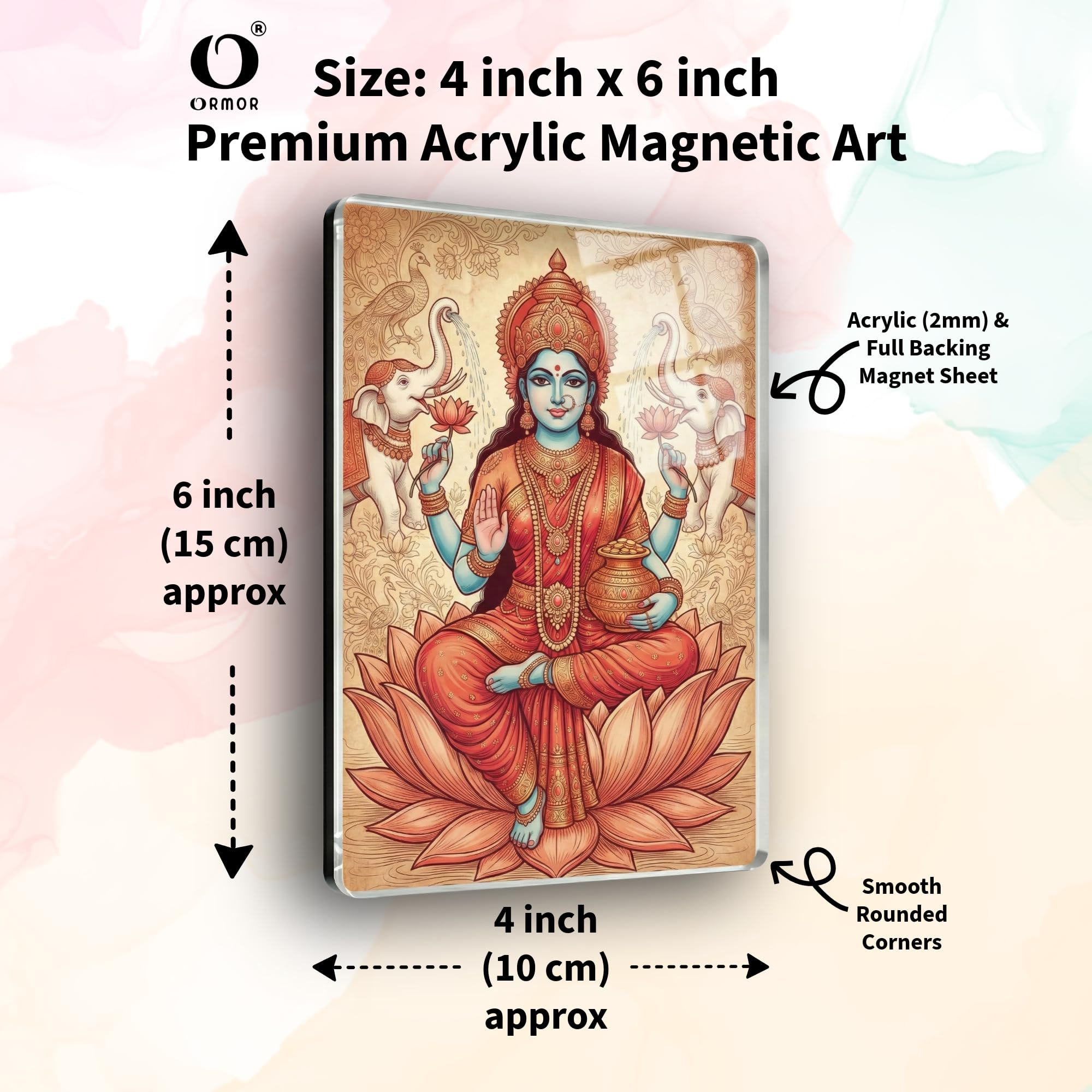 ORMOR Gaja Lakshmi Maa God Picture Fridge Magnet Acrylic Photo (4x6 inch, ART1) with Self Adhesive Wall Hook | for Display on Refrigerator, Wardrobe Almirah, Office Table | Paste on Wall Entrance, Puja Room Temple, Religious Art Home Decor Gift Item 1