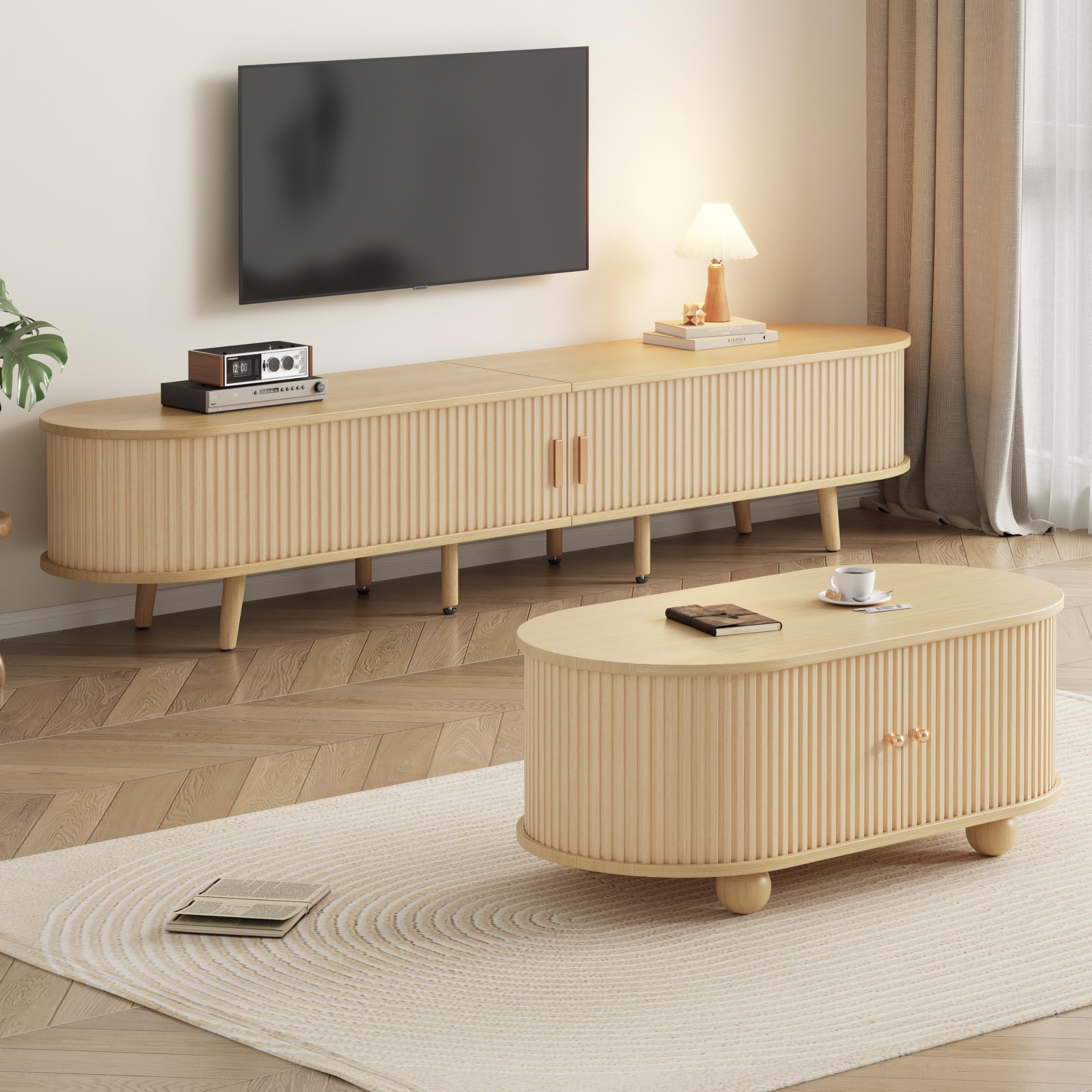Ele MDF TV nd z owalnym stolikiem kawowym Sto Combo nowoczesny drewniany design do salonu - elegancki i funkcjonalny zestaw futrzany