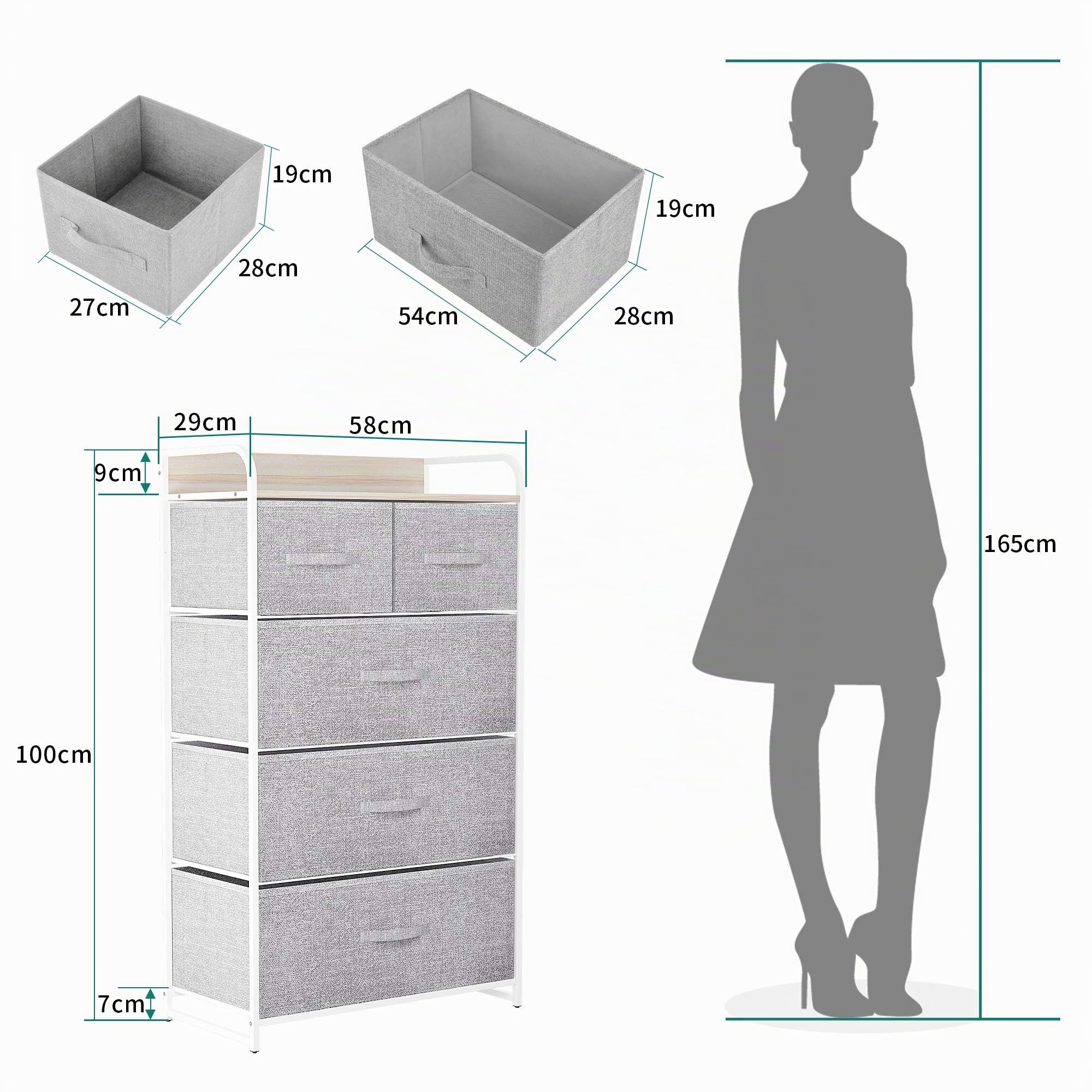 YITAHOME Cassettiera in tessuto, armadietto con 5 cassetti, Cassettiera per Corridoio in Tessuto, con vano contenitore in tessuto per soggiorno, camera da letto, cameretta dei bambini, grigio chiaro