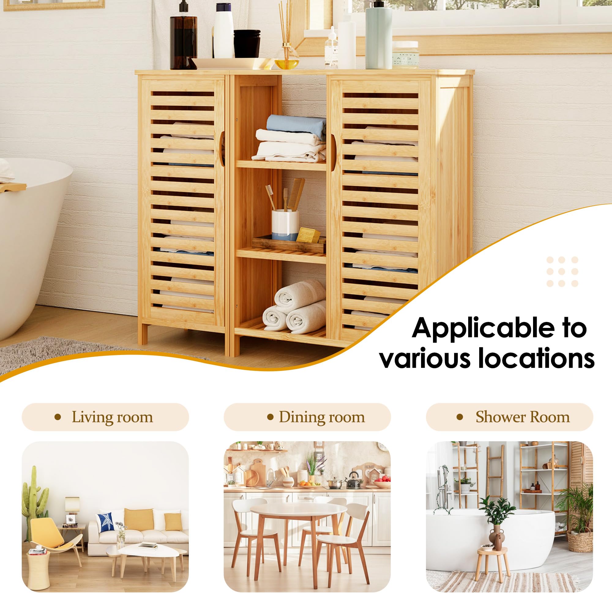 SogesPower Beistellschrank Bambus Badezimmerschrank Sideboard für Badezimmer, Buffet mit Standfüßen, Allzweck-Aufbewahrungsschrank für Wohnzimmer, Küche, Büro oder Flur