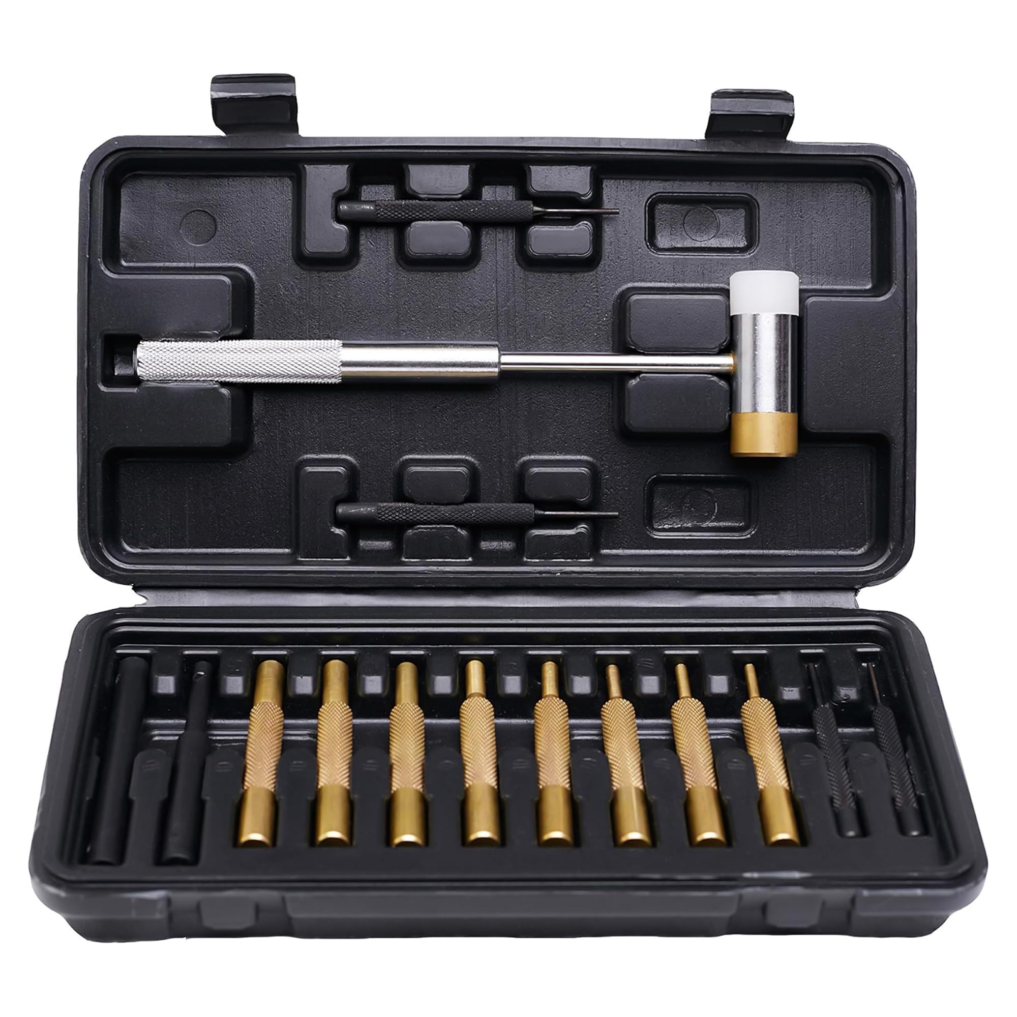 Juego de 15 punzones con martillo, destornilladores de latón y plástico, herramientas de pasador para armería, reparación de armas de fuego y maquinaria pequeña, asas moleteadas, estuche de