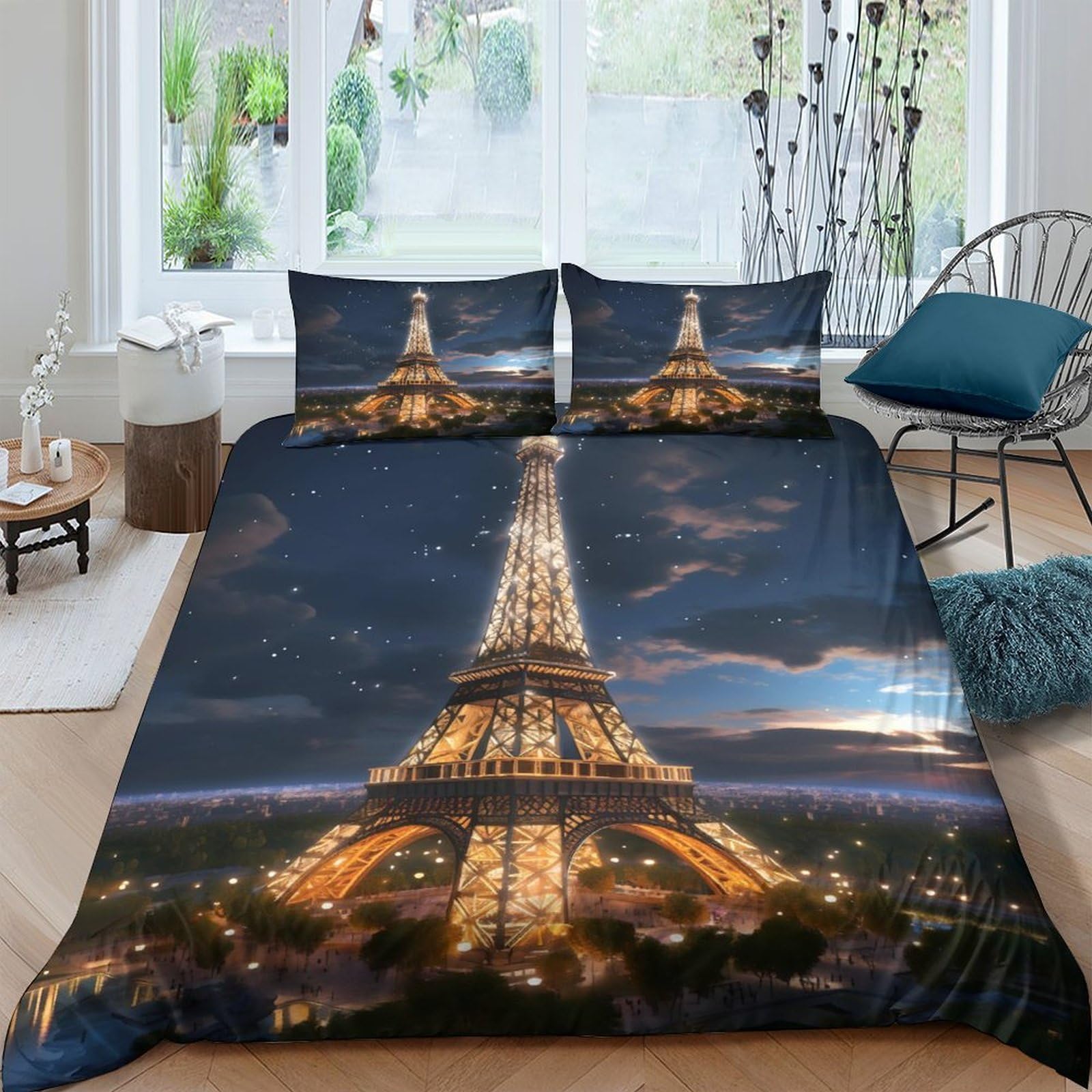 Ctjqhvkz Style-3 3D Printed Eiffel Tower Night Fitted Sheet Microfiber Soft Bed Cover Paris Skyline Mattress Protector For Bedroom Home Decor Single（135X200cm）