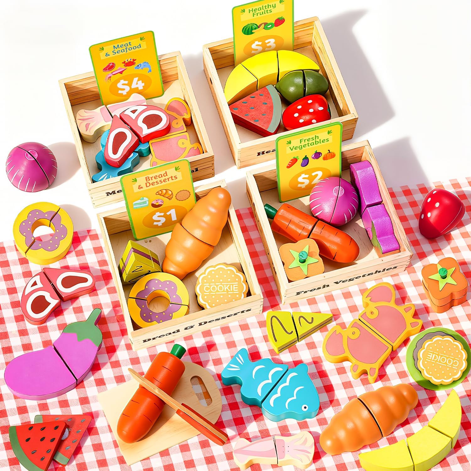 70 PCS Montessori Wooden Play Food Set for Kids Kitchen with Cutting Fruits, Veggies & Wooden Crates